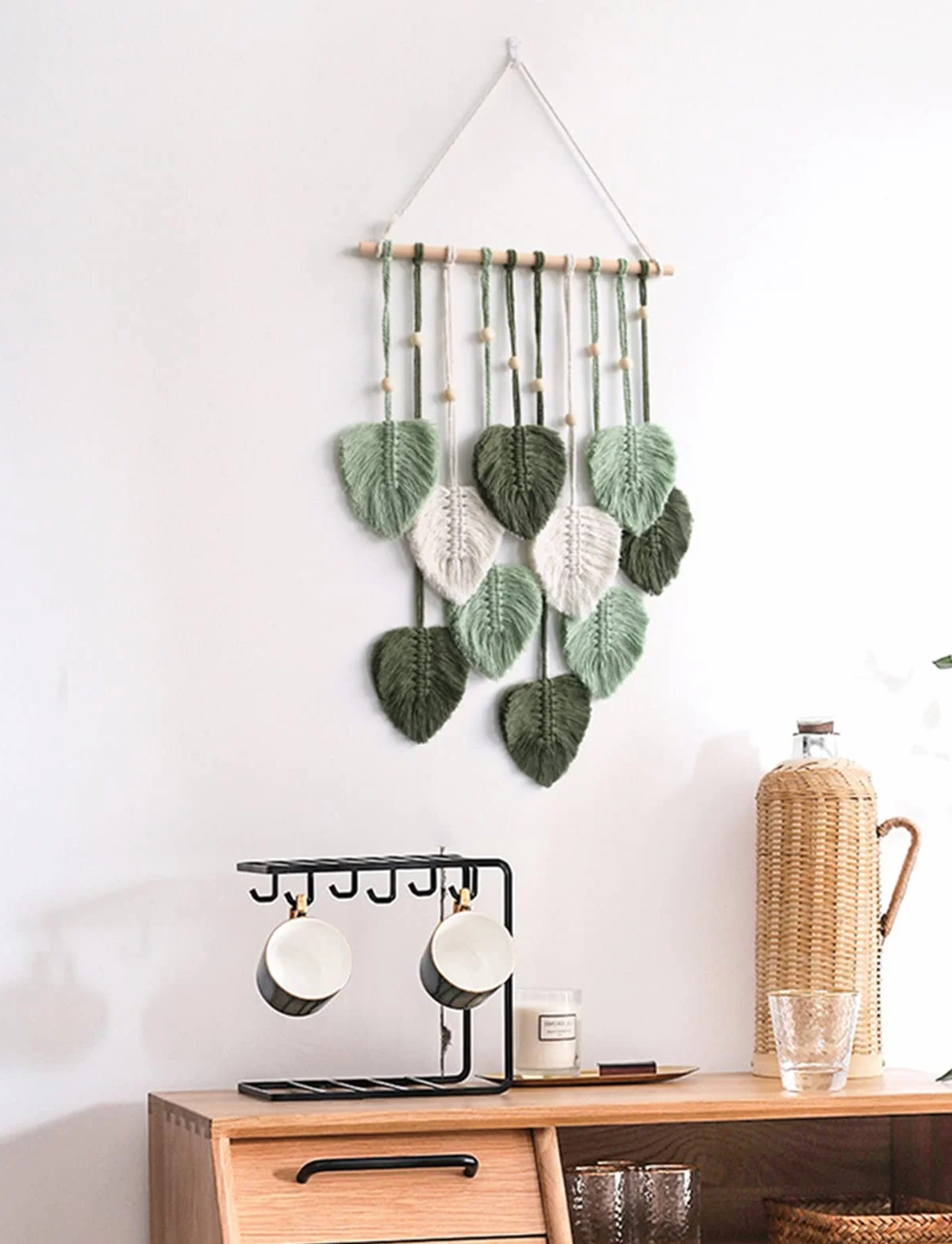 Makrama, dekoracja ścienna w stylu boho, dywan ścienny w stylu boho, z drewnianymi koralikami i liśćmi, gobelin, dekoracja ścienna, ręcznie wykonana, do użytku na zewnątrz, do salonu, sypialni, wnętrz