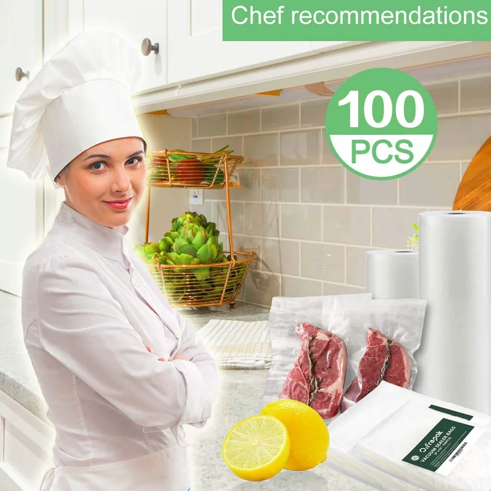 O2frepak 25X33cm(100Pakiet) Worki próżniowe do pakowania żywności w rolkach do gotowania metodą sous vide,klasy komercyjnej,bez BPA,z zabezpieczeniem przed przebiciem