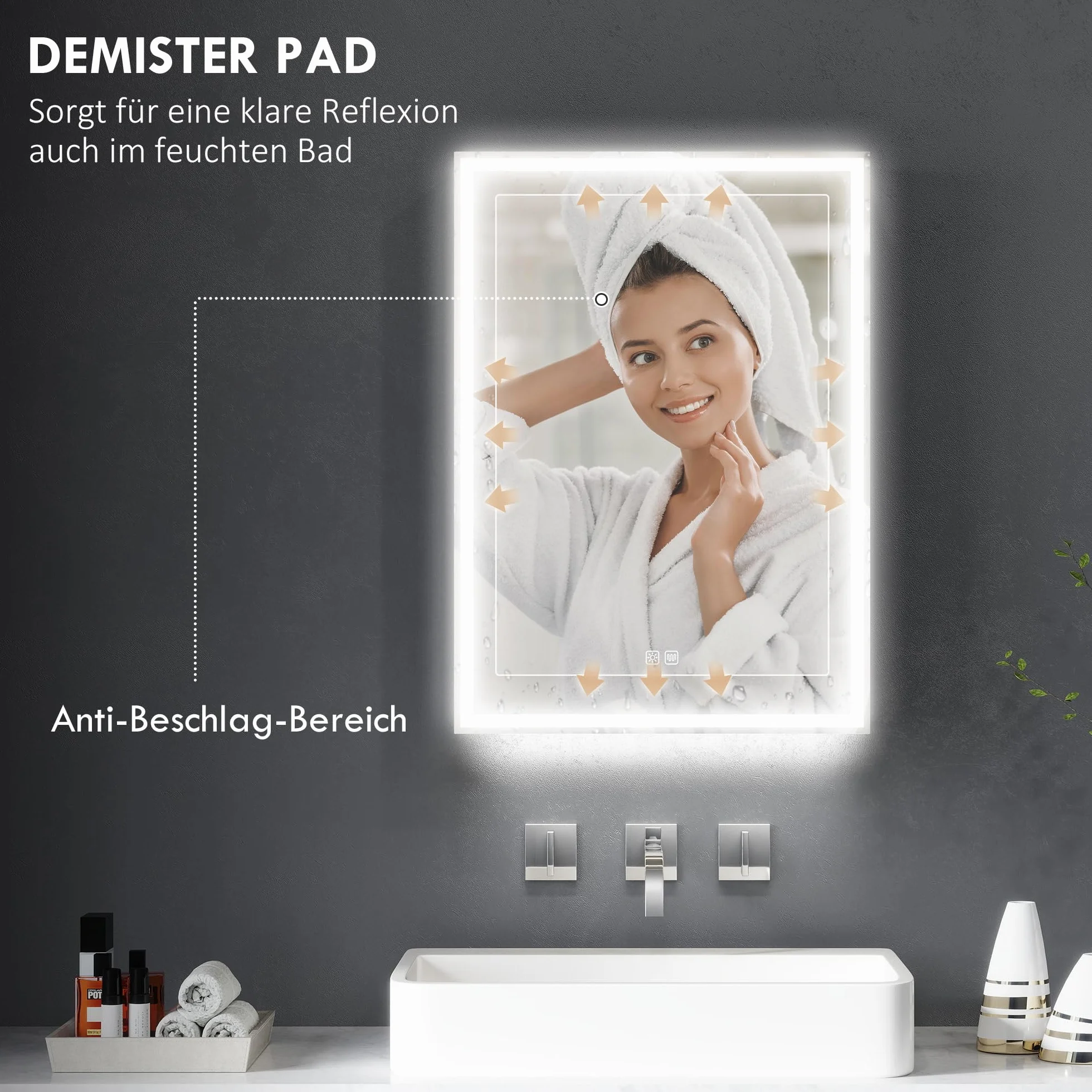 HOMCOM Szafka łazienkowa z lustrem z oświetleniem LED, szafka łazienkowa z lustrem, gniazdko, 50 x 12,8 x 70 cm, szafka wisząca z regulowaną półką, funkcja zapobiegająca zaparowaniu, 3 kolory światła