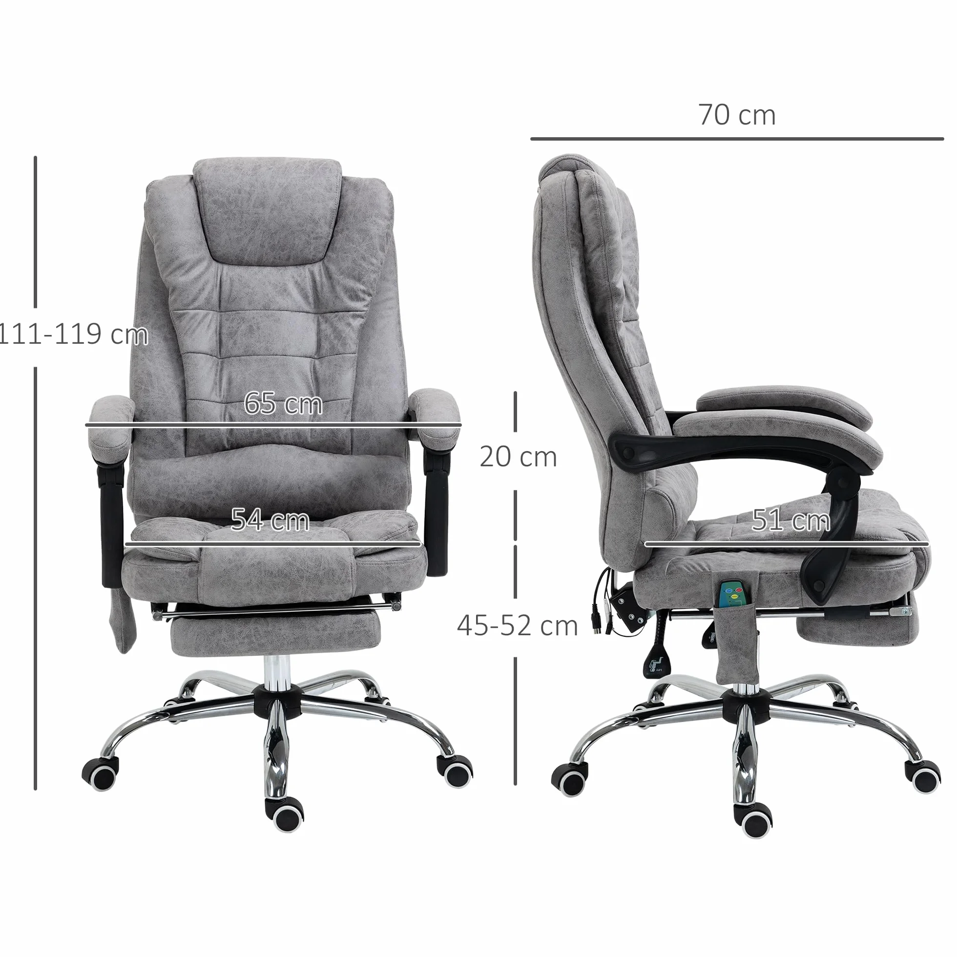 Vinsetto Fotel biurowy do masażu i ogrzewania, ergonomiczne krzesło biurowe z regulacją wysokości, odchylane oparcie, podnóżek, pilot przewodowy, obrotowy 360°, tkanina z mikrofibry, szary