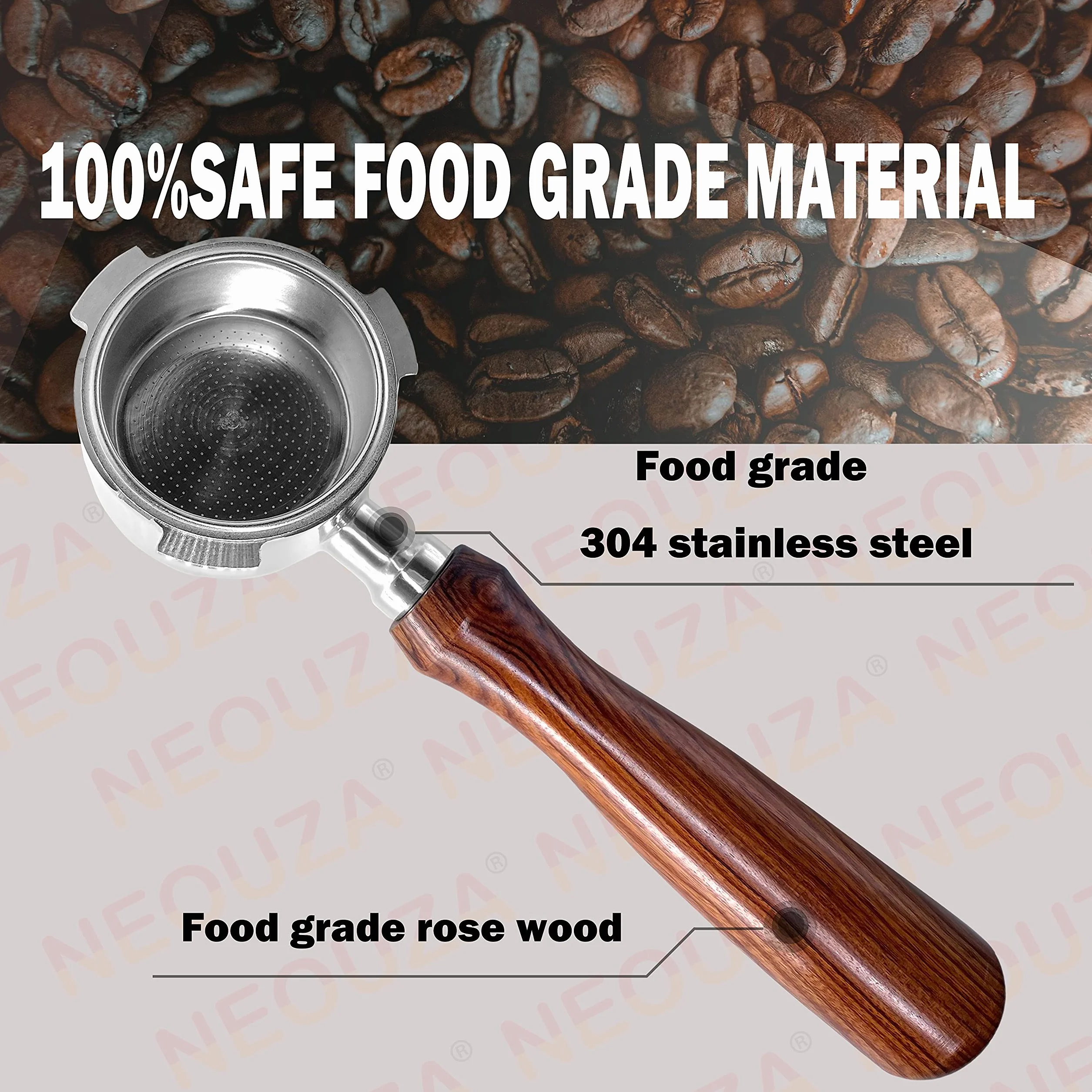 NEOUZA Espresso Portafilter bez dna 51mm Kompatybilny z DeLonghi Dedica EC680/EC685/EC785/EC820/EC850/EC860 Ekspres do kawy Smeg, stal nierdzewna, palisander Premium