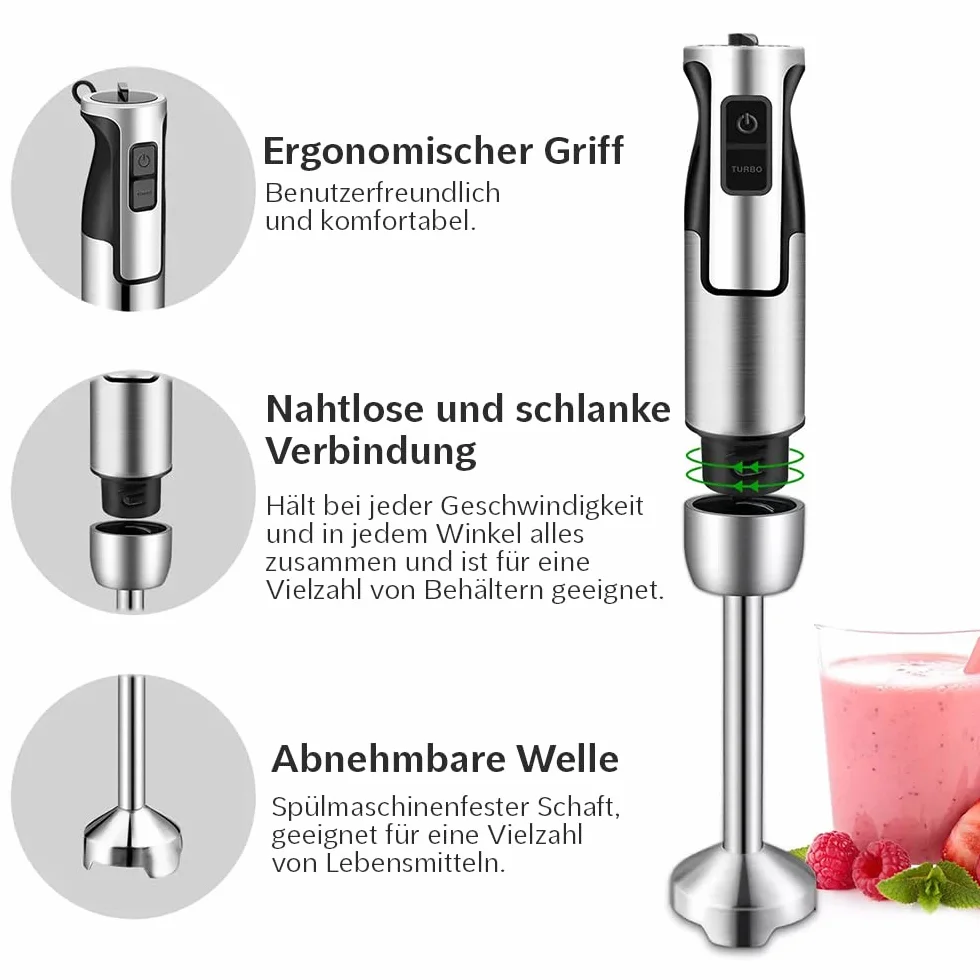 Lehmann Chowmei Blender ręczny zestaw 1200 W, Blender immersyjny z funkcją turbo i regulacją prędkości, elektryczny wielofunkcyjny blender ręczny, w zestawie 6-częściowy zestaw akcesoriów