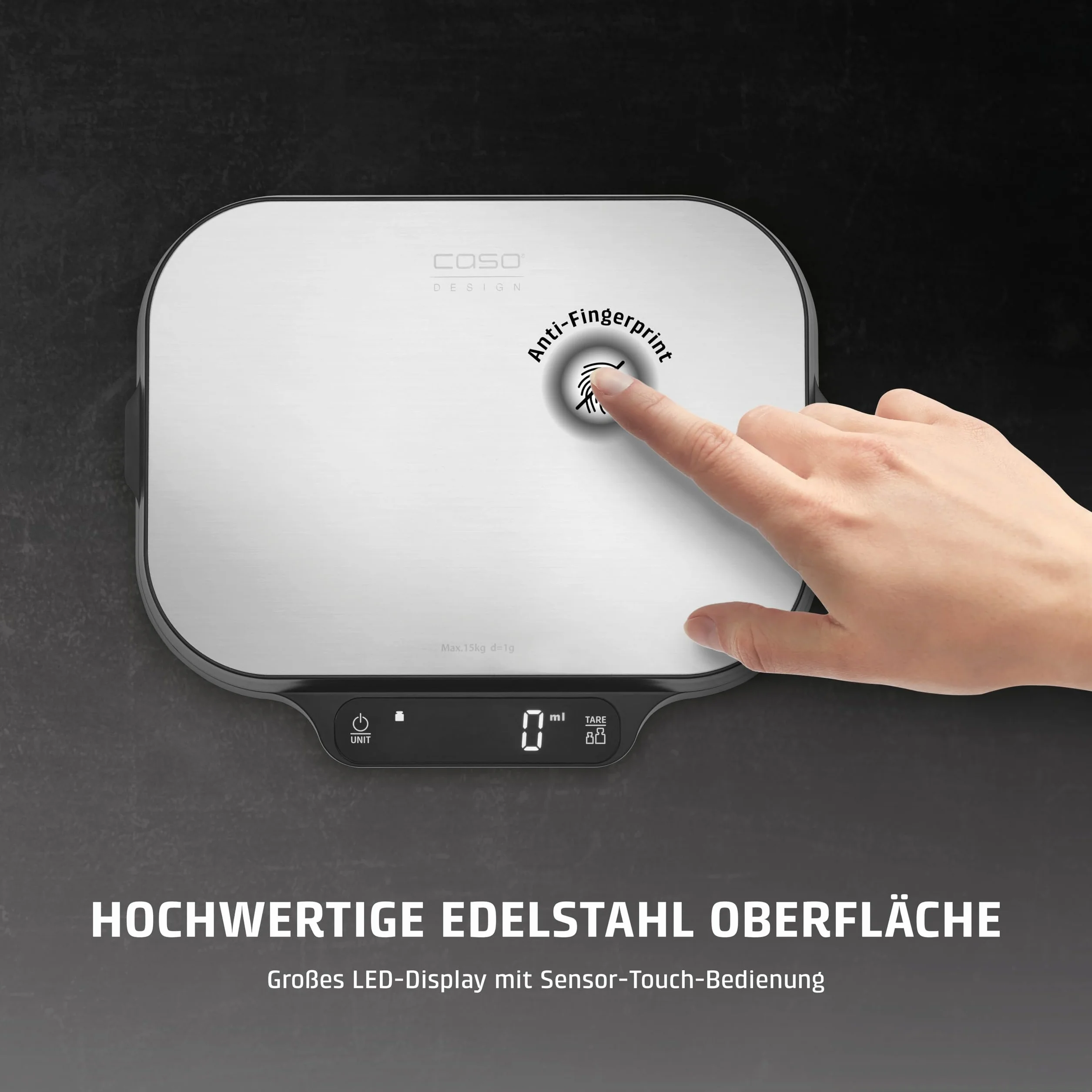 CASO KitchenDuo – waga kuchenna 2 w 1, w zestawie waga precyzyjna, normalna skala ważenia 15 kg w odstępach 1 g, waga precyzyjna do 1 kg w odstępach 0,1 g, funkcja trzymania, gram, oz, ml,