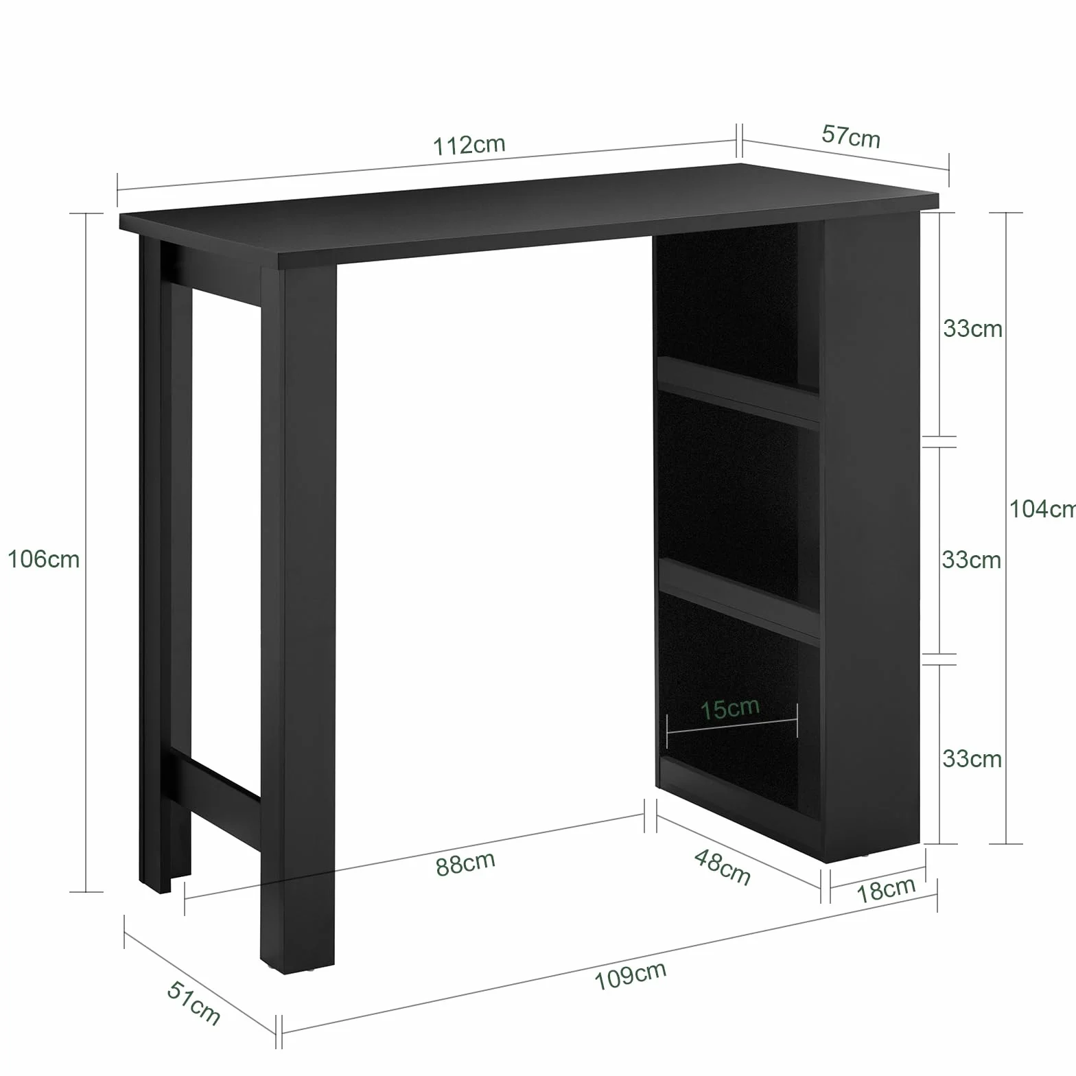 SoBuy Wysoki Stół Kuchenny, Nowoczesny Stół Barowy z Półkami, Oszczędzający Miejsce Design do Małych Kuchni, Salonu, Kącika Barowego lub Gabinetu, Czarny, 112 x 57 x 106 cm FWT17-II-SCH