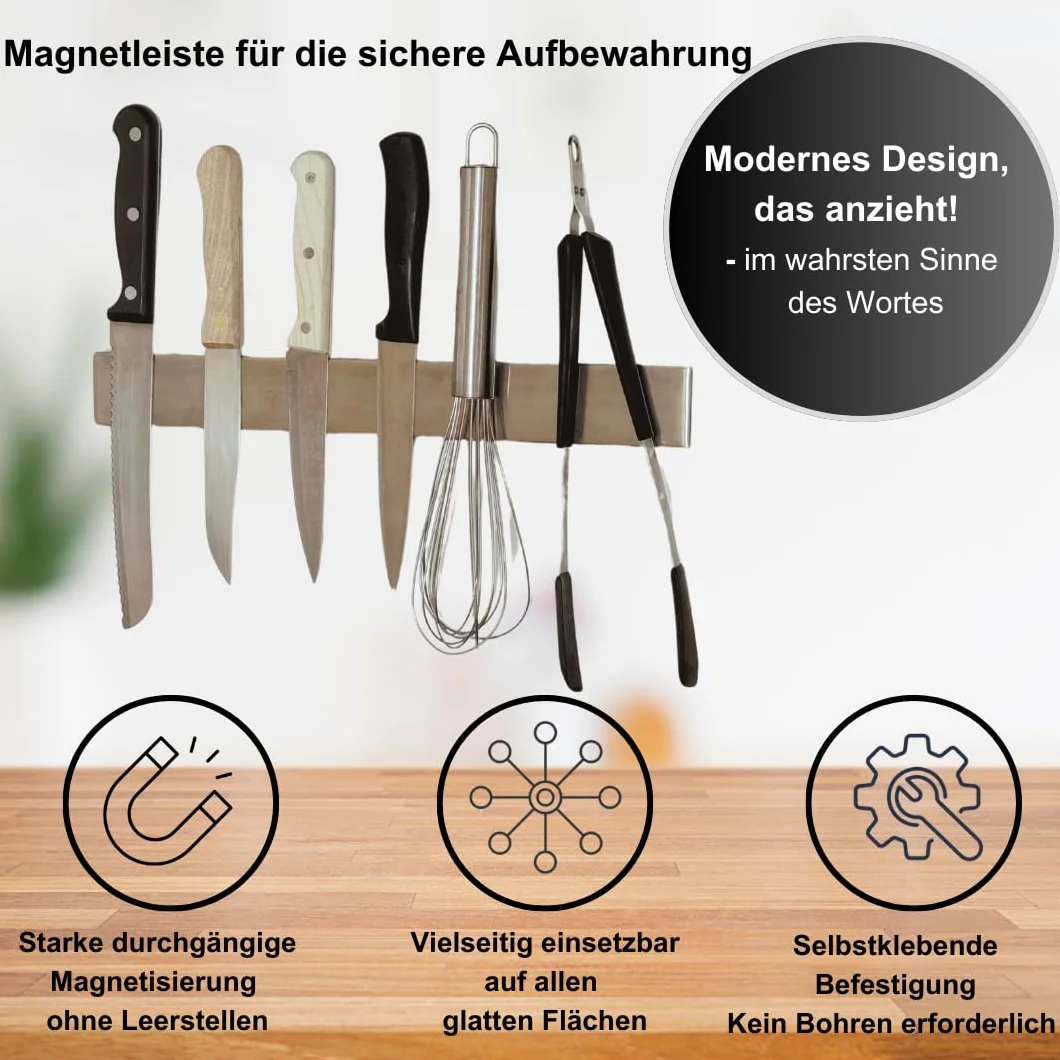 cocovibes LEILA Listwa na noże 40 cm – listwa magnetyczna do noży bez wiercenia, samoprzylepna, ze stali nierdzewnej o dużej sile magnetycznej, do kuchni i warsztatu