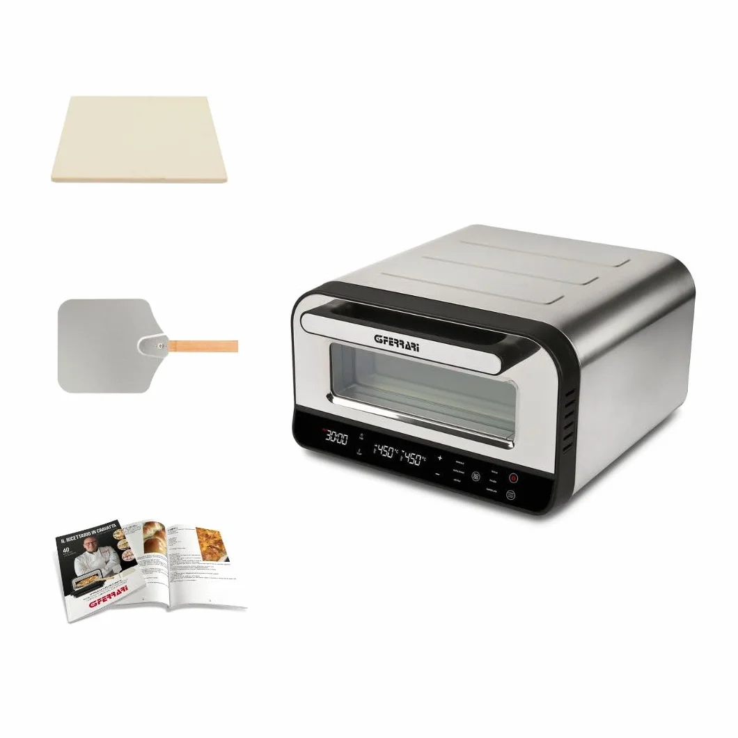 G3 Ferrari G10204 Pizza Pro 2 minuty, 1700 W, osiąga do 450°C, zimne ściany, gotowanie w 2 minuty, cyfrowy wyświetlacz z 6 programami, kamień ogniotrwały, akcesoria i książka kucharska w zestawie,