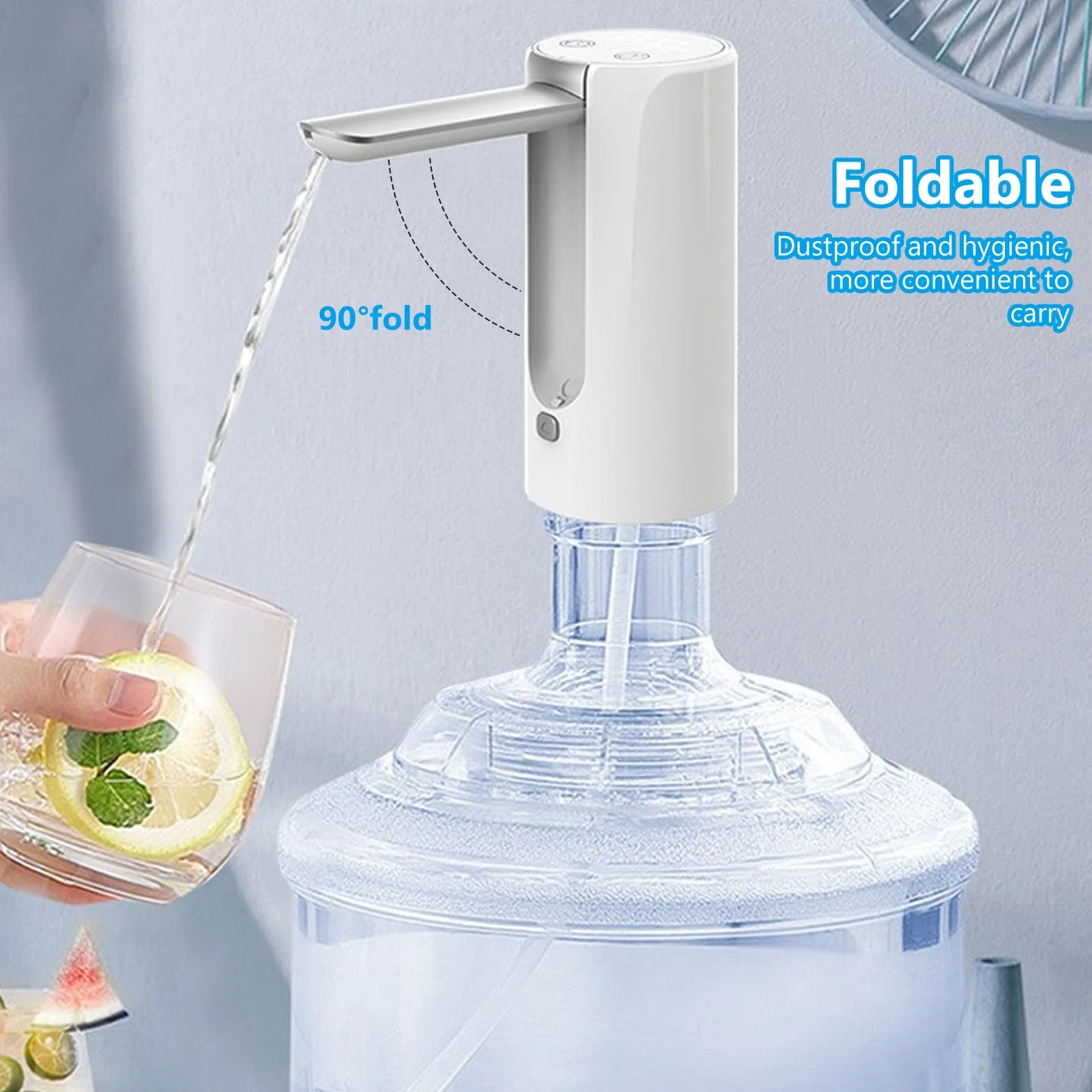 Pompka do butelek na wodę, 3 poziomy, ilościowy, elektryczny dozownik wody, automatyczna pompa do wody pitnej, przenośny, składany, pompa USB do butelki z wodą, na kemping, do domu (biała)