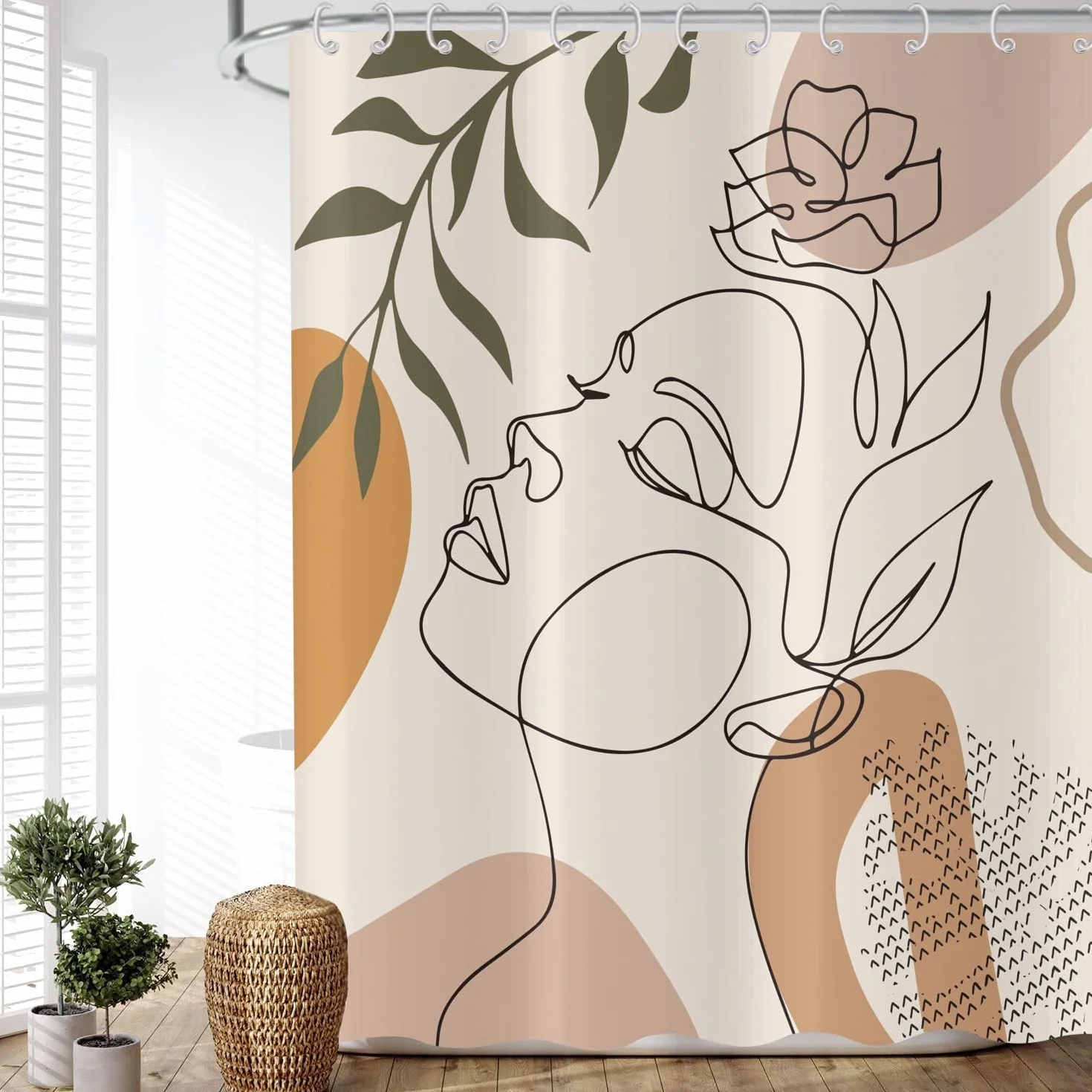Zasłona prysznicowa w stylu boho, beżowa, 180 x 200 cm, nowoczesna, abstrakcyjna, dla dziewczynki, z twarzą, kwiat, zielone liście, nadaje się do prania, poliester, tkanina, wodoszczelna, z 12