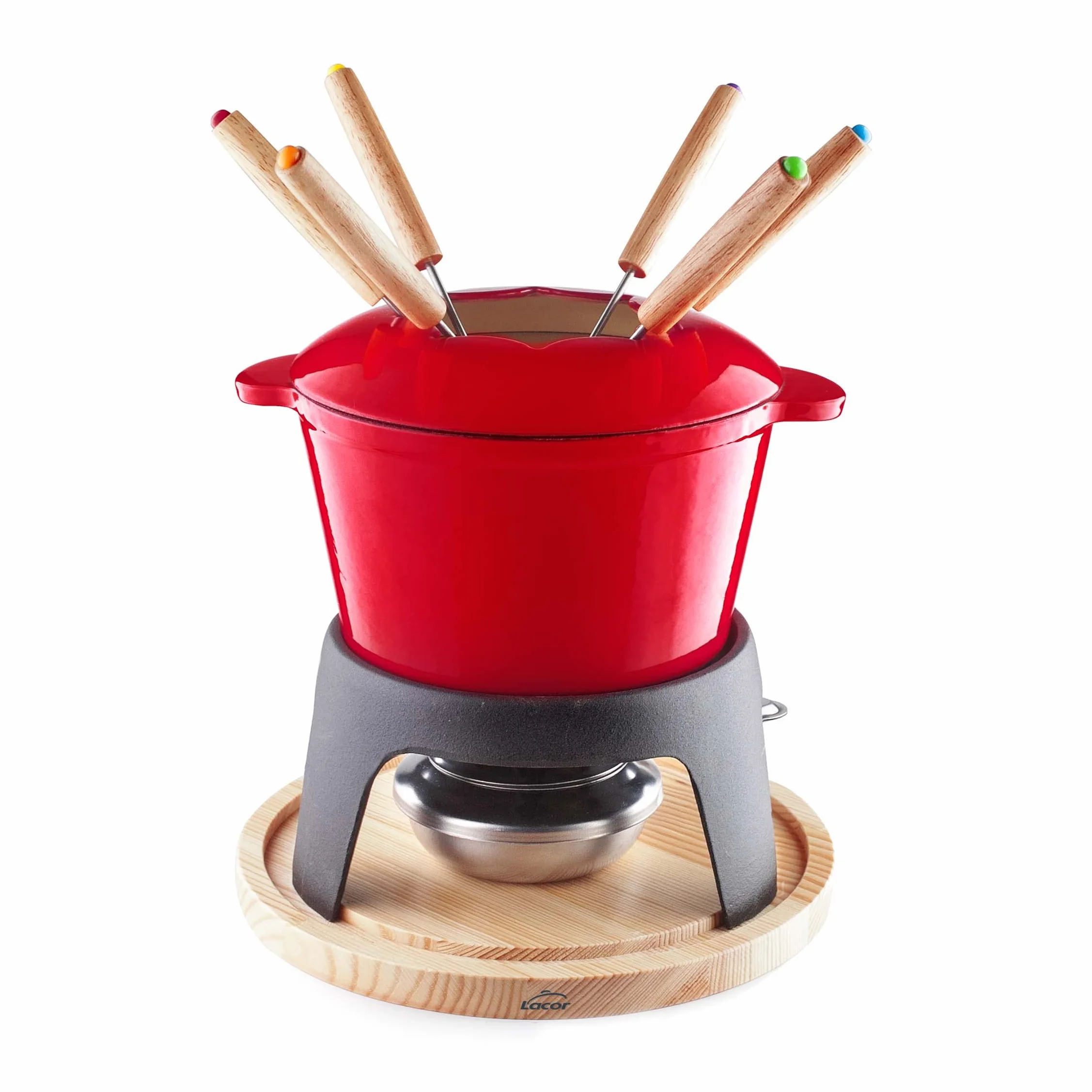 Lacor - 71711 - Zestaw Żeliwnych Fondue Emaliowanych, Żeliwnych Podstaw, Nadaje Się do Indukcji, 6 Widelców, Średnica 16,5X10Cm (1,7 Litra),Czerwony