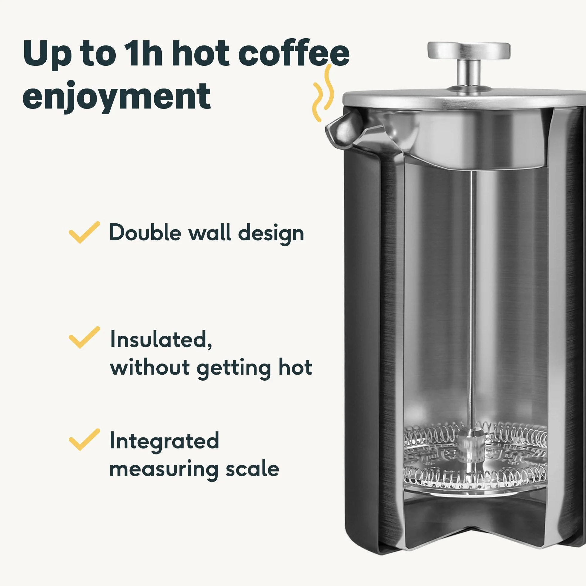 SILBERTHAL French Press Coffee Cafetiere 1L 8 filiżanek - 100% stal nierdzewna - izolacja próżniowa z podwójnymi ściankami - czarna