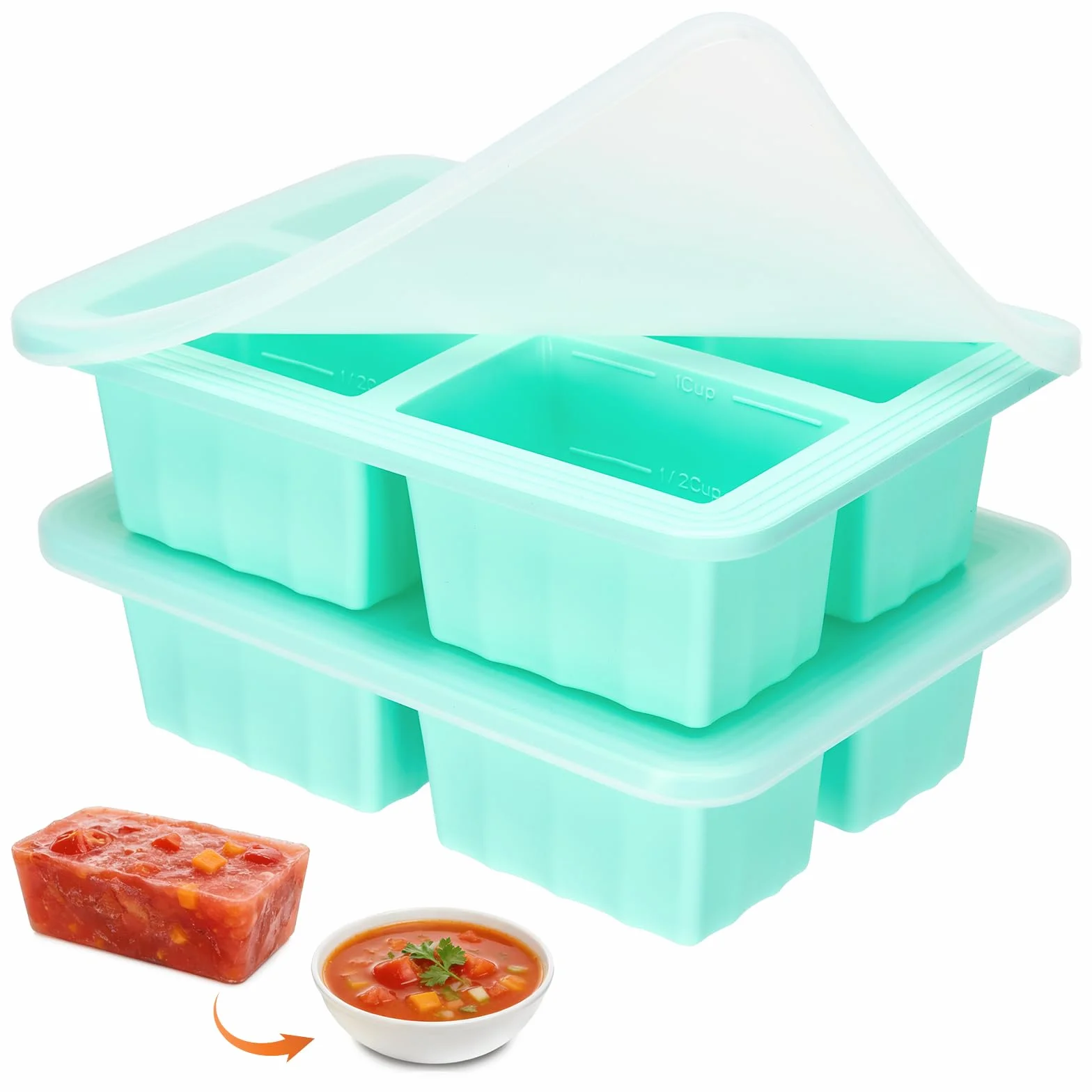 Souper Cubes zestaw 2 pojemników do zamrażania zupy, silikonowych, z pokrywką, nie zawiera BPA, do zamrażarki, do zupy, zamrażarki, kostek lodu do bulionu, sosu, lodów (zielony, 250 ml)