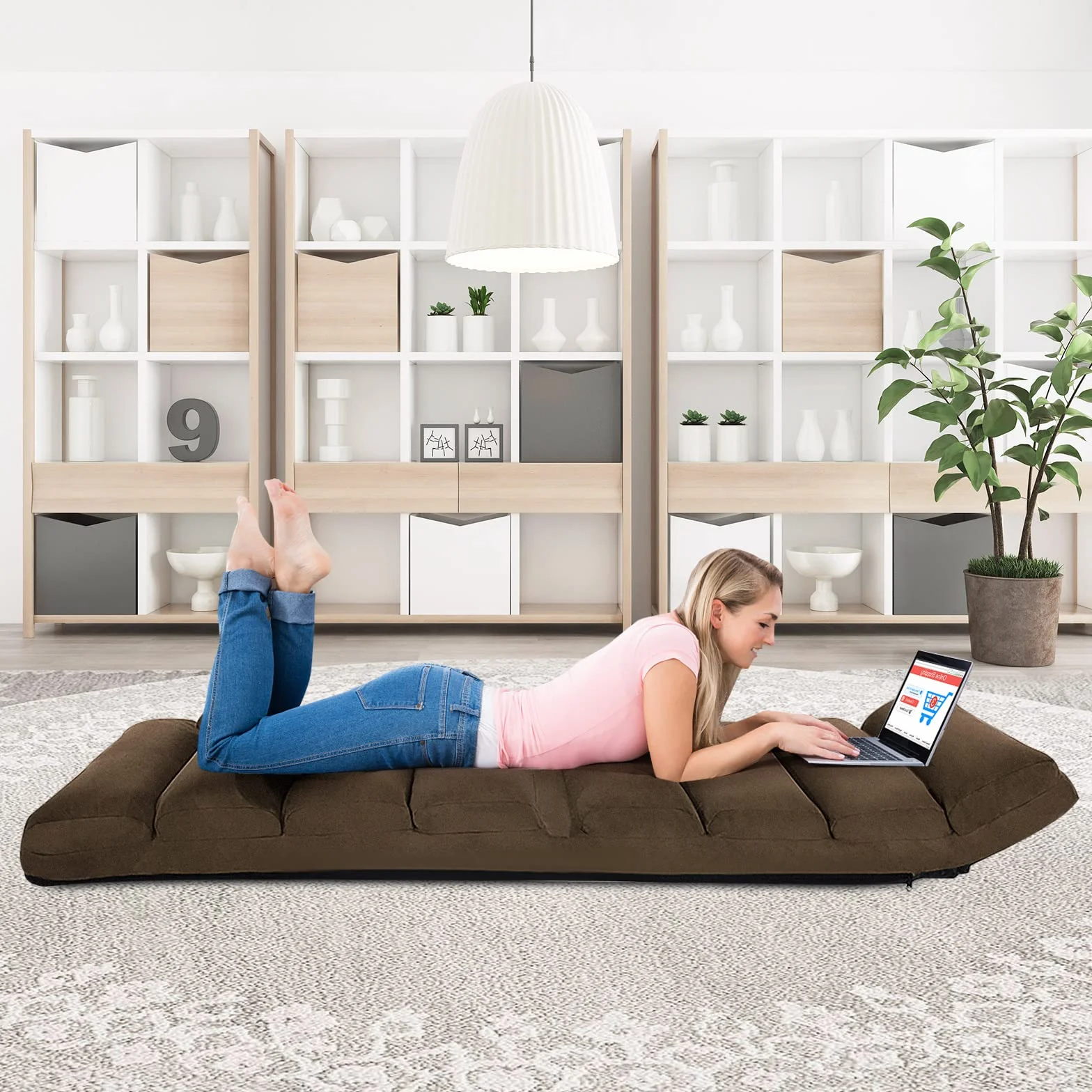 LIFEZEAL Sofa podłogowa składana, leżak bujany, regulowany w 5 pozycjach, krzesło podłogowe, fotel podłogowy z poduszkami, maksymalna nośność 105 kg (kawowa)
