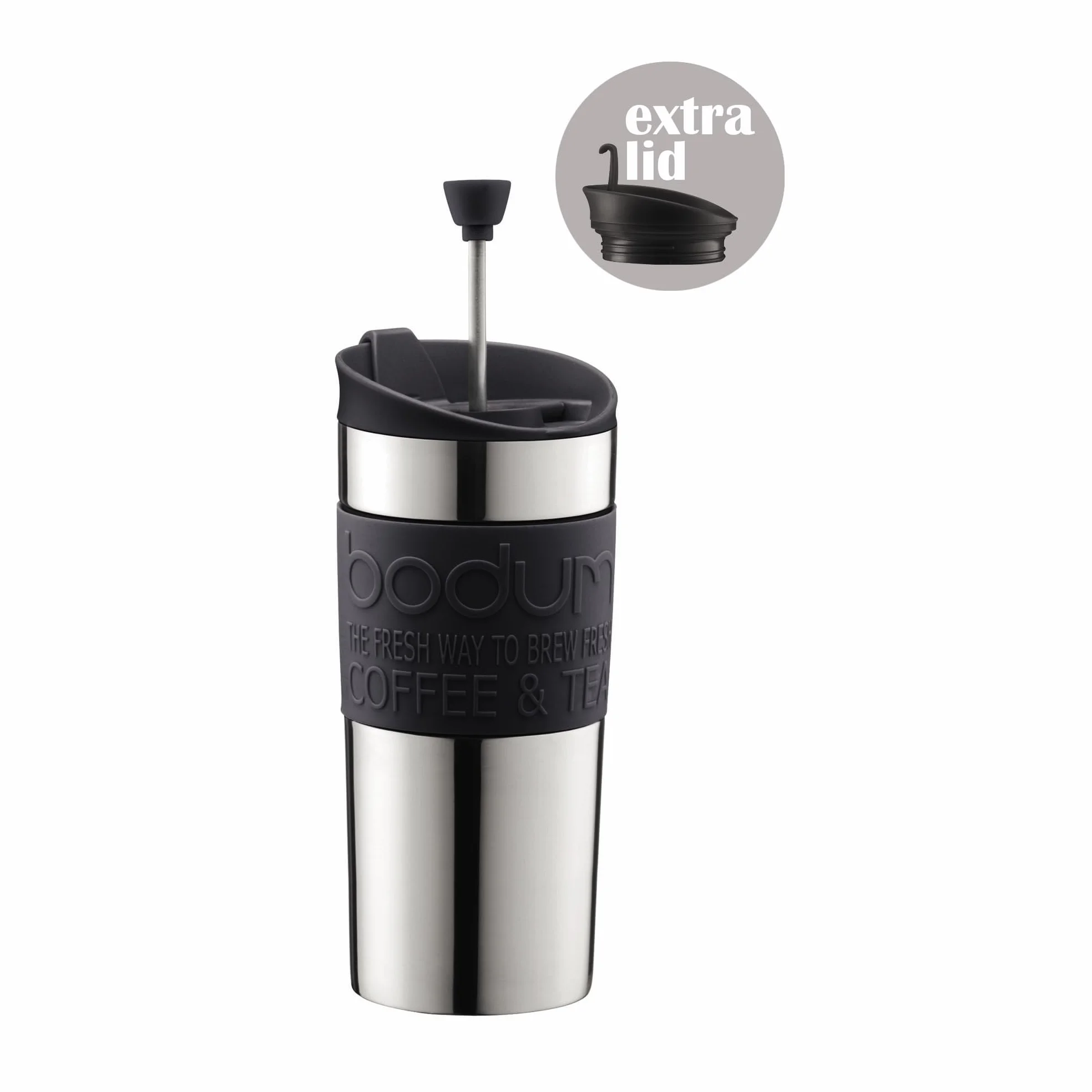 BODUM Travel French Press zestaw ekspresów do kawy, stal nierdzewna z dodatkową pokrywką, próżniowy, 350 ml, czarny