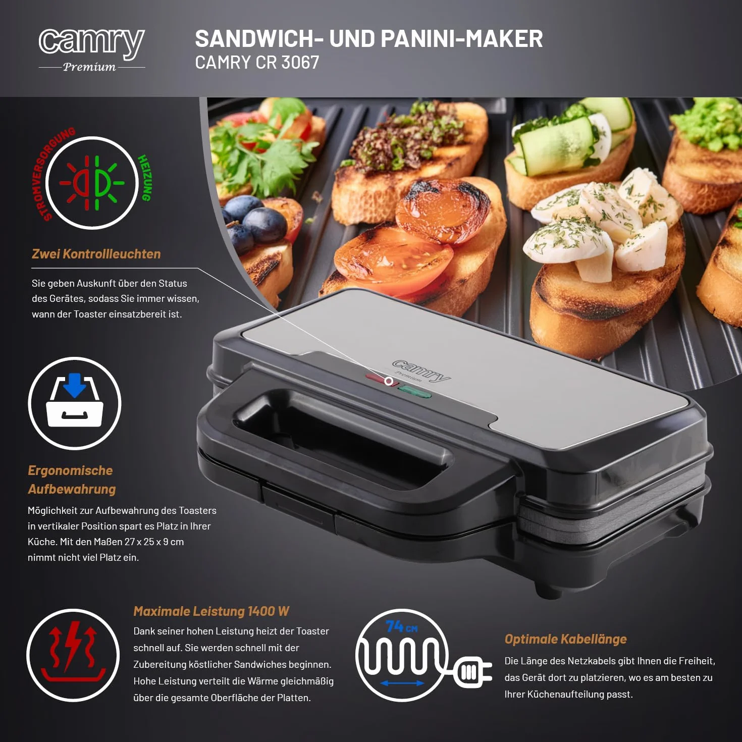 Camry - opiekacz do kanapek i panini grill w jednym – 2 w 1 – szybki grill tosty – kempingowy ekspres do kanapek