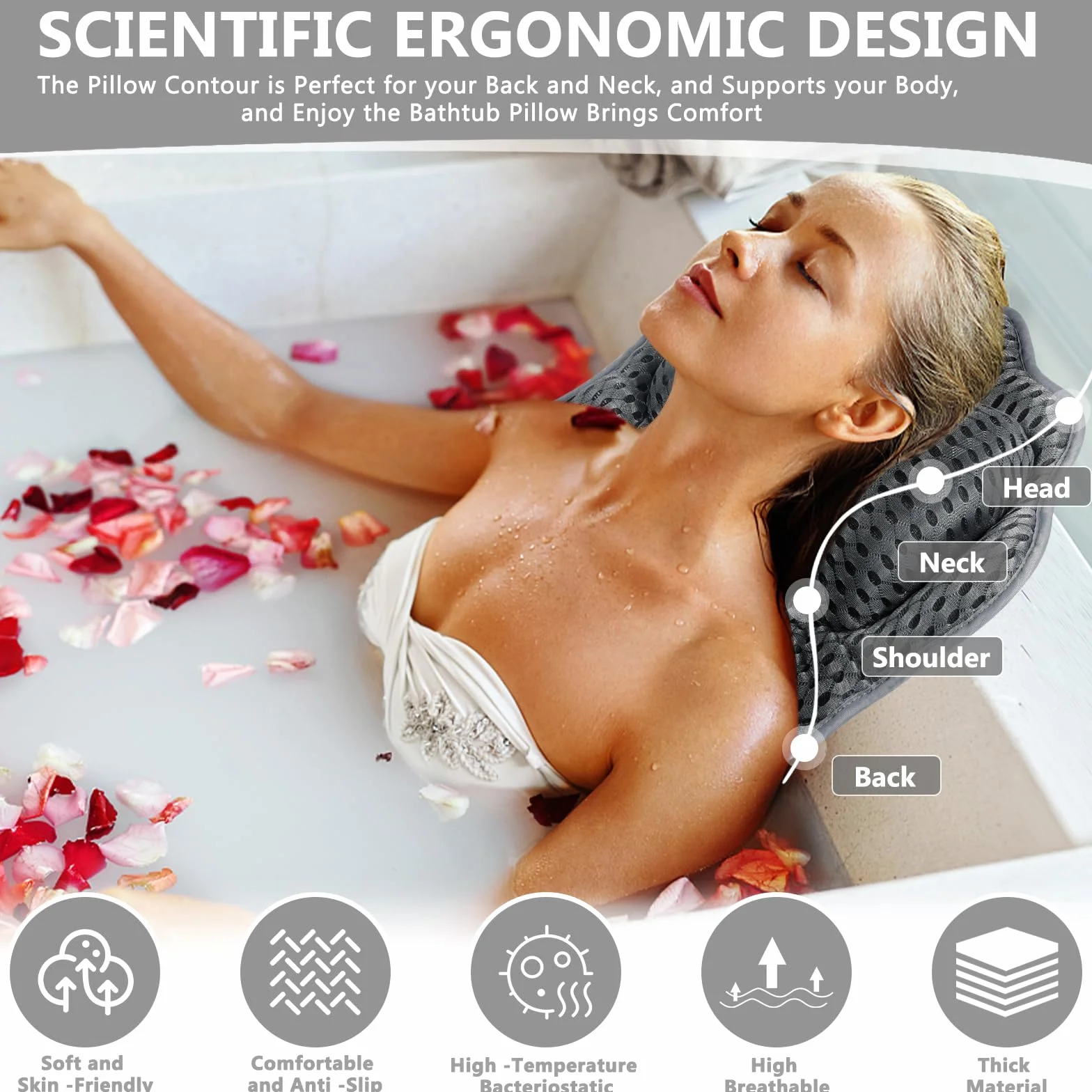 Poduszka do wanny z przyssawkami, poduszka do kąpieli jako poduszka pod kark i kark, z technologią 4D Air-Mesh, kark i plecy w wannie z 6 przyssawkami, poduszka do kąpieli spa, Szara
