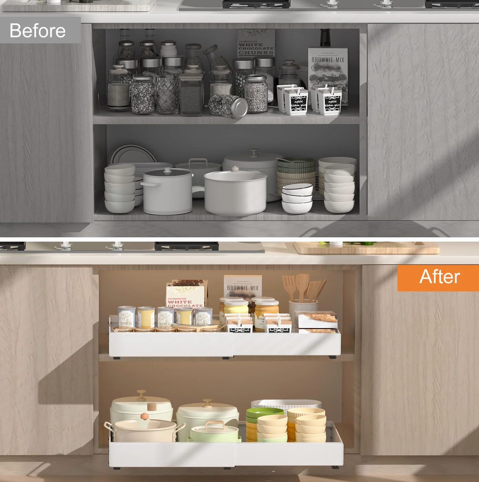 PNNP 2 sztuki wysuwanych szuflad kuchennych: szuflady teleskopowe szafki - wysuwane kosze kuchenne o regulowanej szerokości (32-53 cm szer. x 43 cm szer. x 7 cm) - bez wiercenia | biały