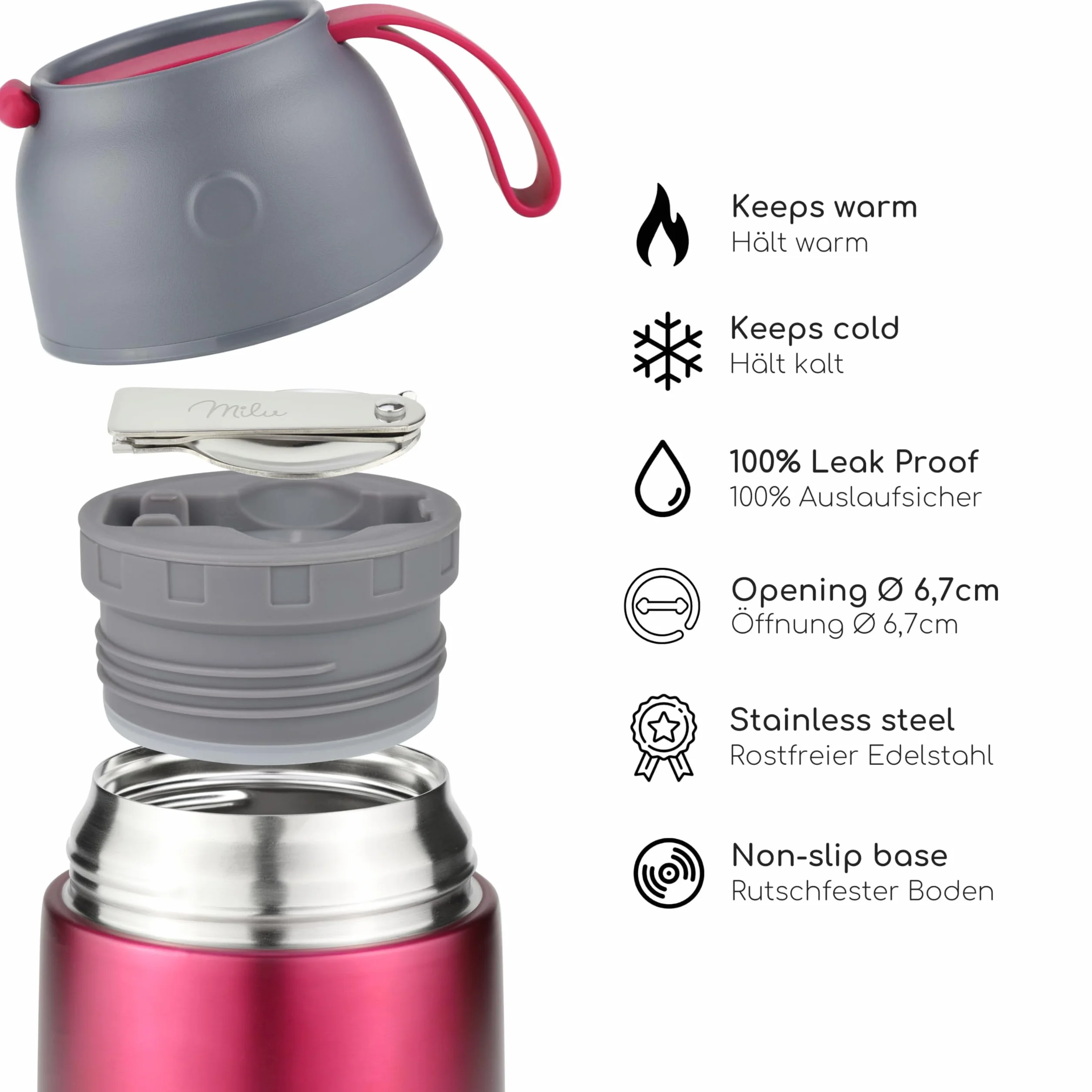 Milu® termos obiadowy 450, 650 ml, ze stali nierdzewnej, na żywność dla niemowląt, utrzymujący ciepło jedzenia, na musli, na wynos, jagodowy, 650 ml, możliwość personalizacji