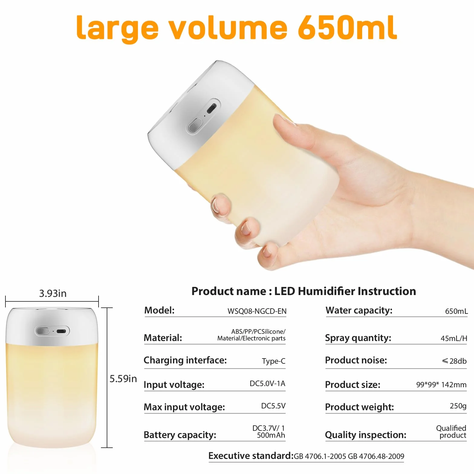 Kissleaf Mini nawilżacz, 650 ml, biały, plastik, sypialnia, instrukcja obsługi, 15H, cichy, ciepłe światło