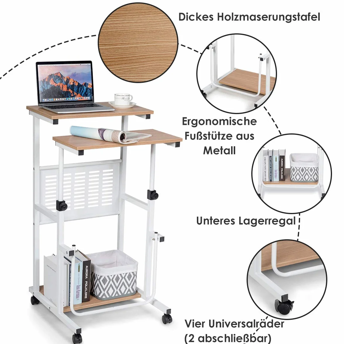 COSTWAY 2 w 1 stolik do laptopa i biurko z kółkami, z regulacją wysokości, stolik pod komputer, stojący stolik pod komputer do domu i biura