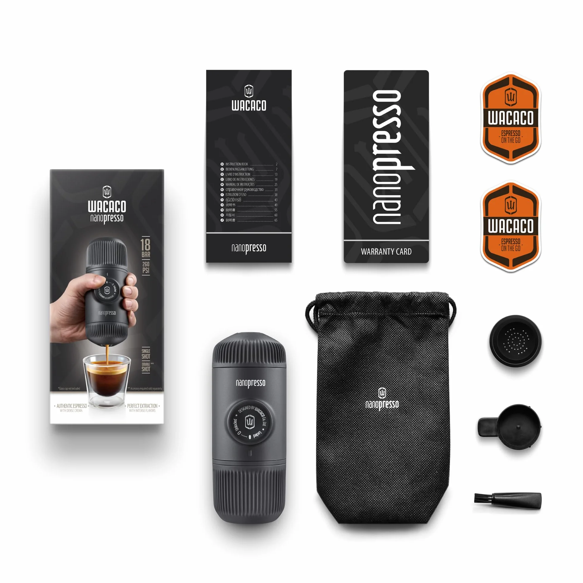 WACACO Nanopresso przenośny ekspres do espresso, ulepszona wersja minipresso, ciśnienie 18 barów, mały podróżny ekspres do kawy, obsługiwany ręcznie, kompatybilny z mieloną kawą, Szary