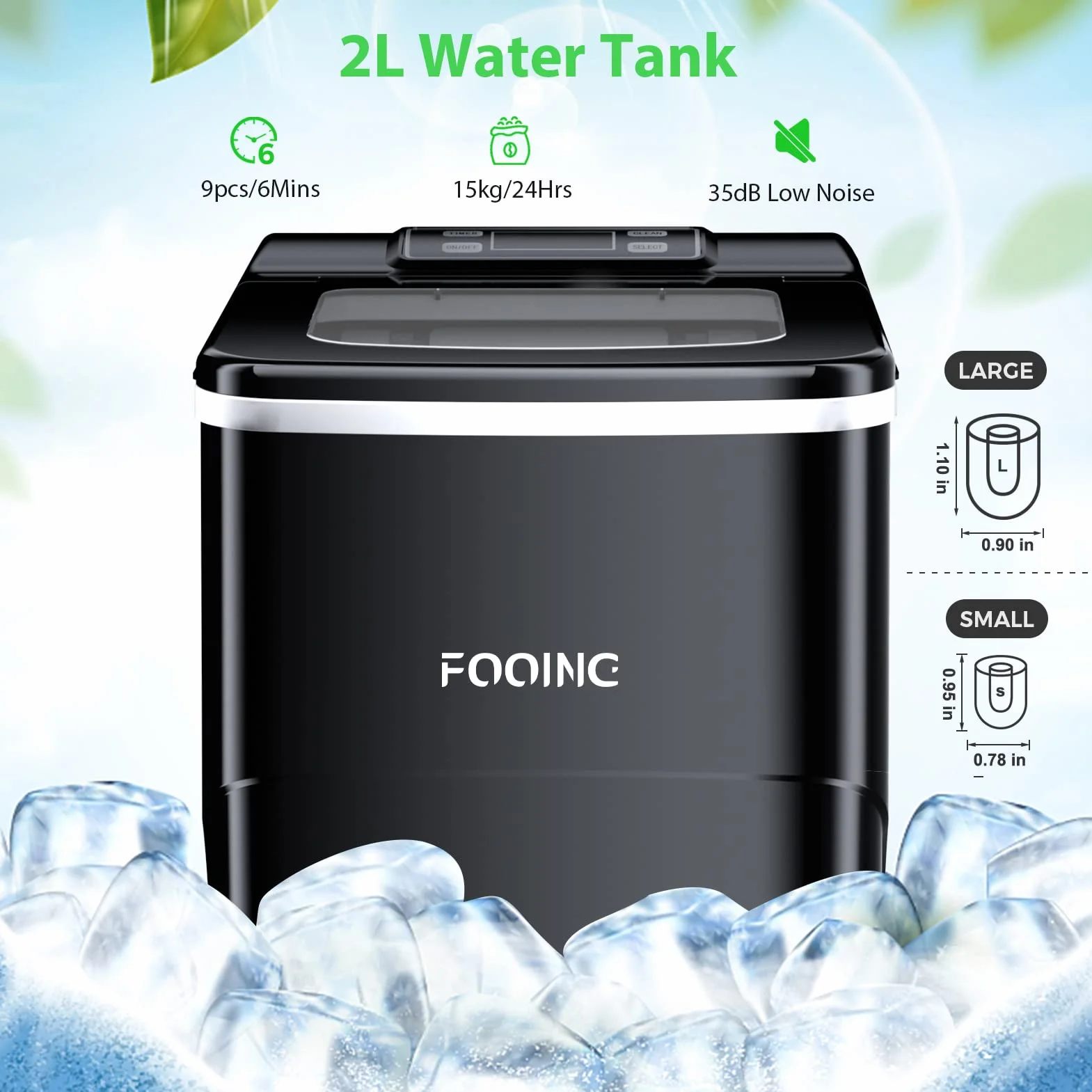 Kostkarka do lodu FOOING Ice Maker kostki lodu gotowe w 6 minut, 2 l, z łopatką do lodu i koszem, wyświetlaczem LED, do domowego baru