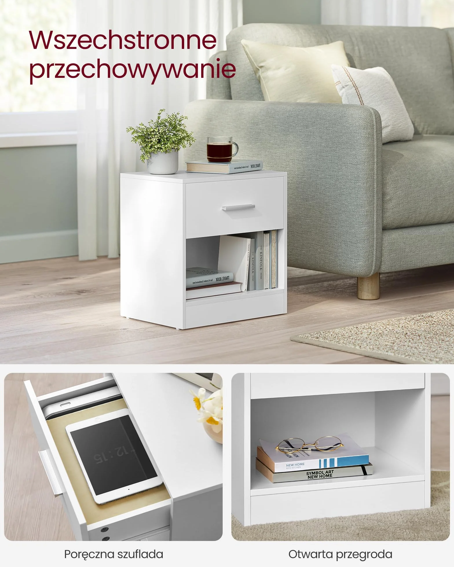 VASAGLE Stolik nocny, zestaw 2 sztuk, z szufladą, uchwytem, otwartą komorą, stolikiem bocznym, do sypialni, salonu, klasyczny biały LET819T14
