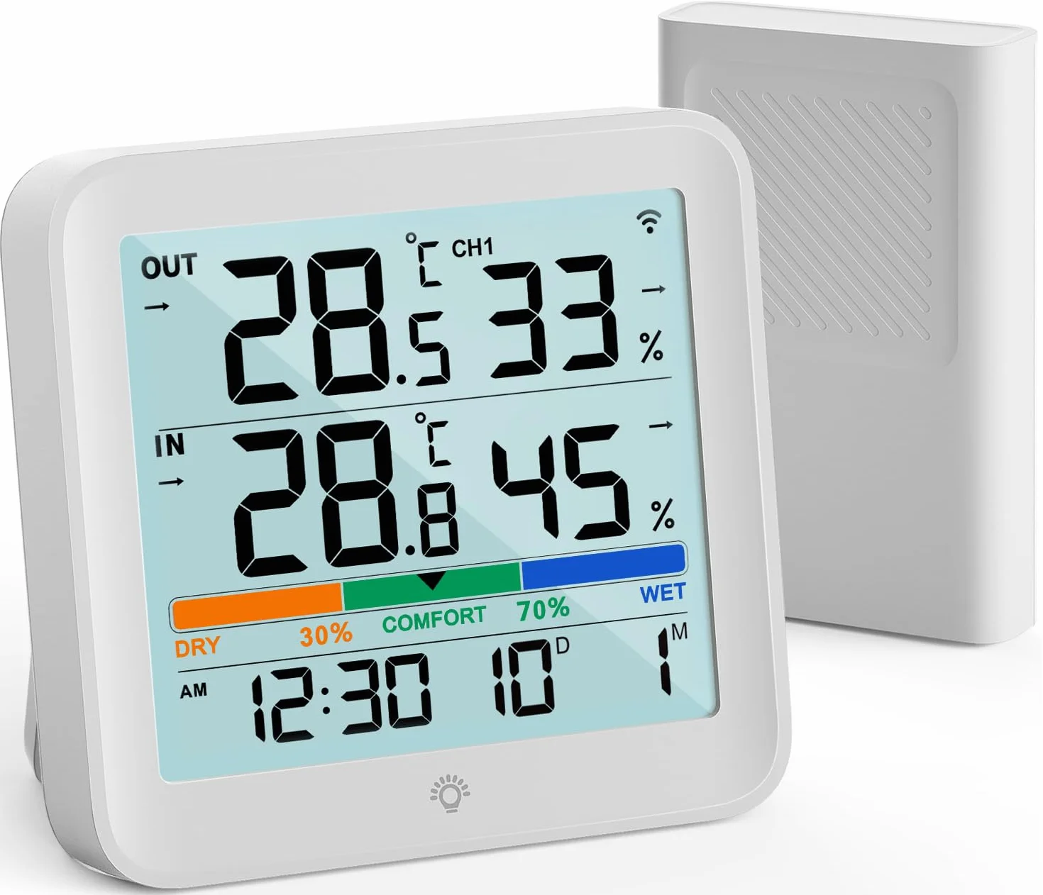 VOCOO Wireless Thermometer Indoor Outdoor Hygrometer with 1 Remote Sensors,Digital Humidity Temperature Gauge Meter Monitor with Backlit Clock Min/Max Value, ℉/℃ Air Indicator for Home, Greenhouse