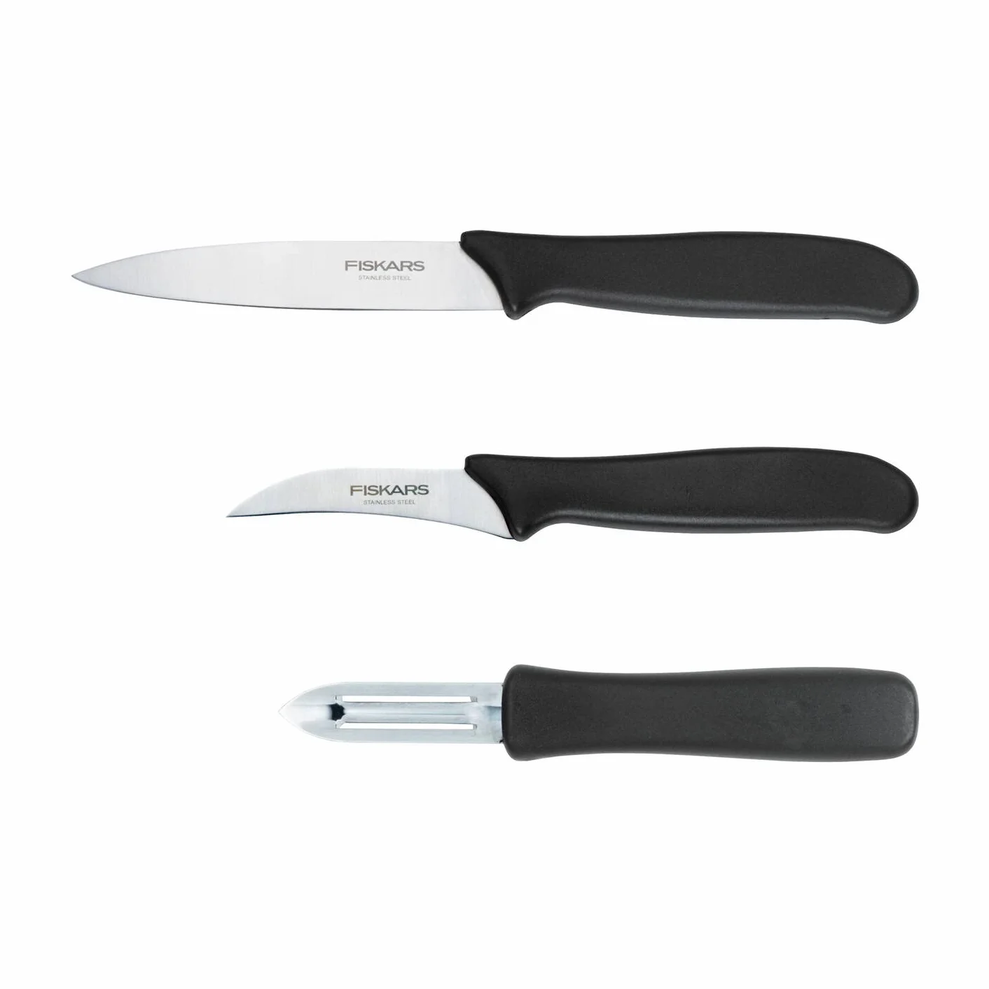 Fiskars Zestaw do obierania Fiskars, 3 części, nóż do obierania (ostrze 11 cm), nóż do warzyw (ostrze 7 cm), obieraczka (ostrze 7 cm), Essential, stal nierdzewna / tworzywo PP, czarny, 1065600