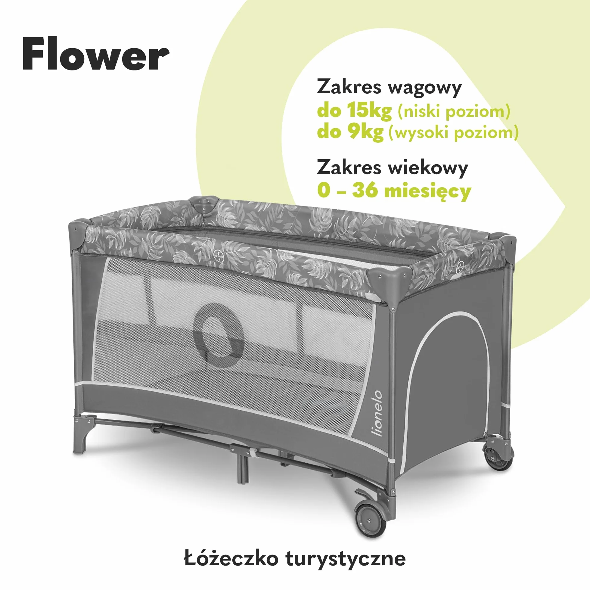 Lionelo Flower Łóżeczko Turystyczne Dla Niemowląt Z Wejściem Bocznym, Przewijak Dwie Wysokości Materaca, Łuk Zabawkowy Z Figurkami Do Zabawy, Kółka, Torba Do Noszenia