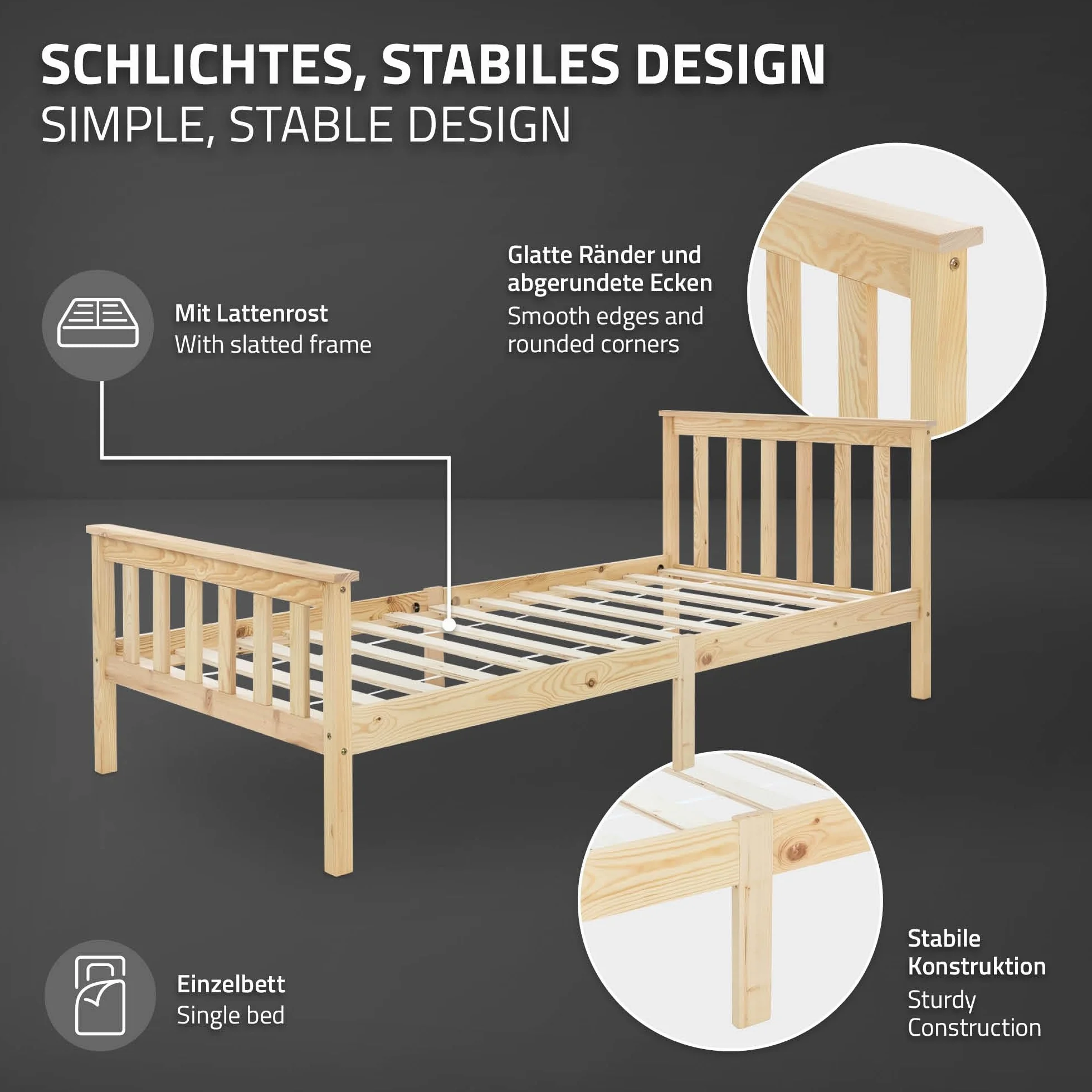 Łóżko drewniane ML-Design 90x200 cm Natural z materacem H:16cm, drewno sosnowe, lite drewno z listwową ramą i nogami, pojedyncze z wezgłowiem i podnóżkiem