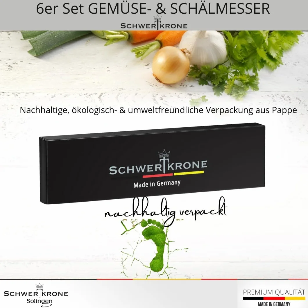 Schwertkrone® Zestaw 6 noży szybkich [WYROBIONEO W SOLINGEN - NIEMCY] - nóż do warzyw, nóż do owoców - długi, ostry, ząbkowany nóż kuchenny - nóż do krojenia ziemniaków - nóż uniwersalny (6x ostrze 9