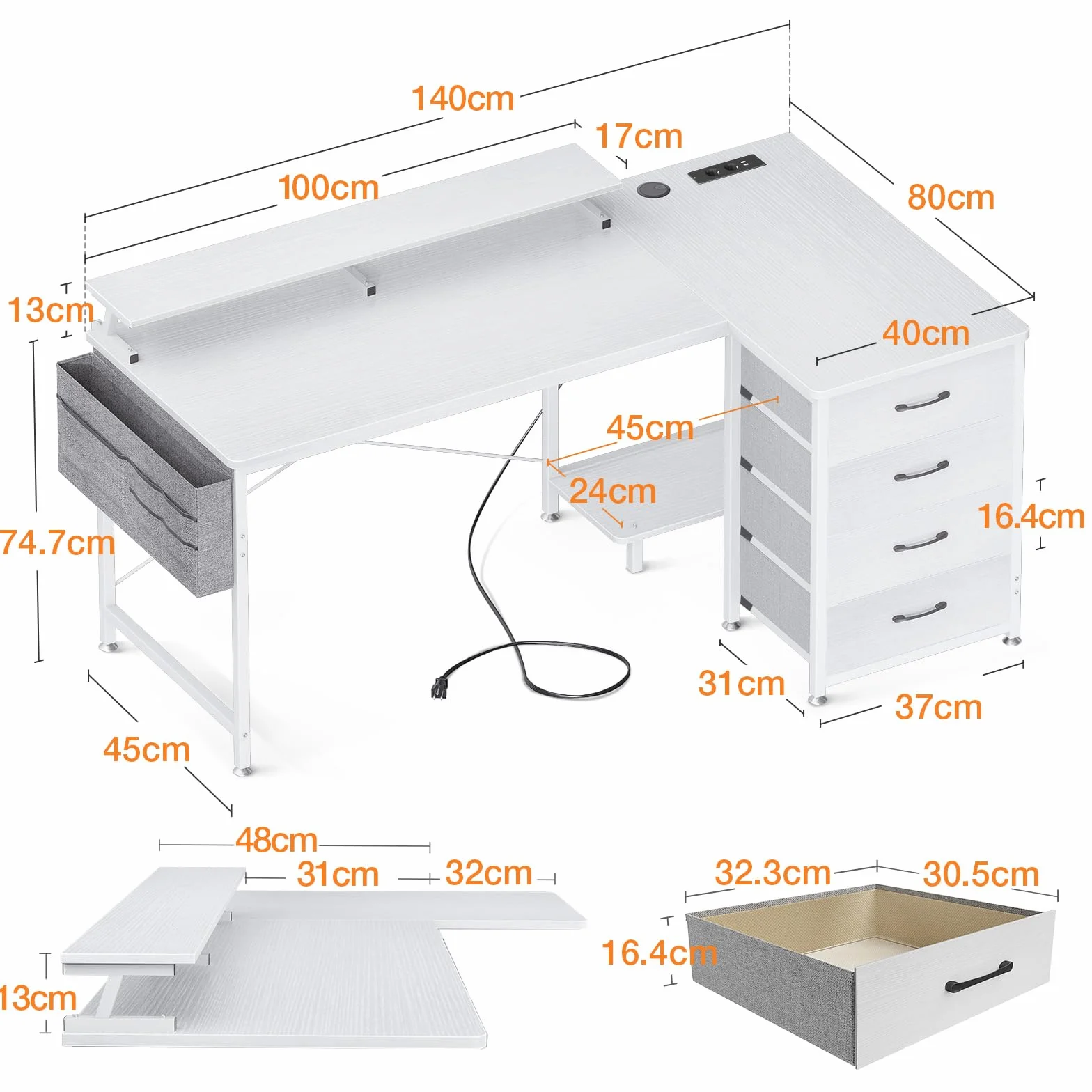 ODK Biurko narożne w kształcie litery L z 4 szufladami, dwustronne, z 2 przyłączami do ładowania USB i 2 gniazdami, z półką na monitor do domowego biura, 140 x 80 x 84,7 cm, białe