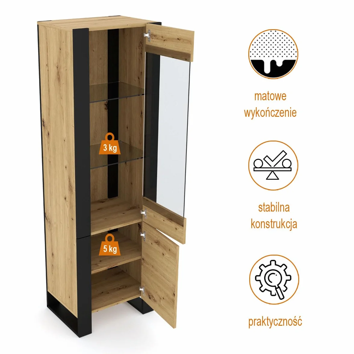 Witryna Nuka E 58 cm – dąb artisan czarna, nowoczesna szafka stojąca do salonu i jadalni, przeszklony mebel ekspozycyjny do przechowywania, kolekcja Nuka
