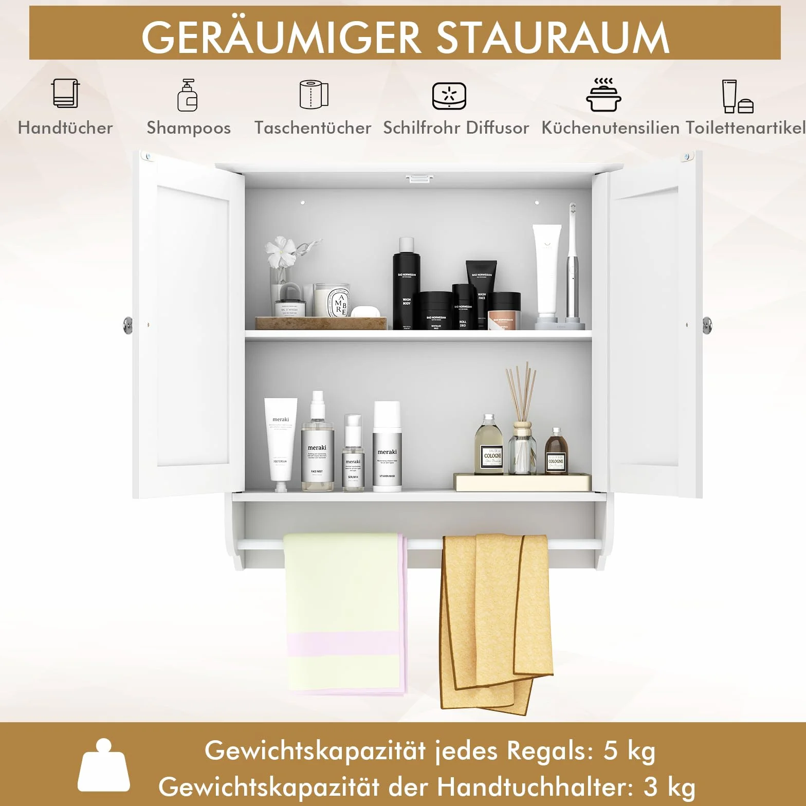 COSTWAY Szafka łazienkowa wisząca z uchwytem na ręczniki drewniana 60x21x61 cm biała