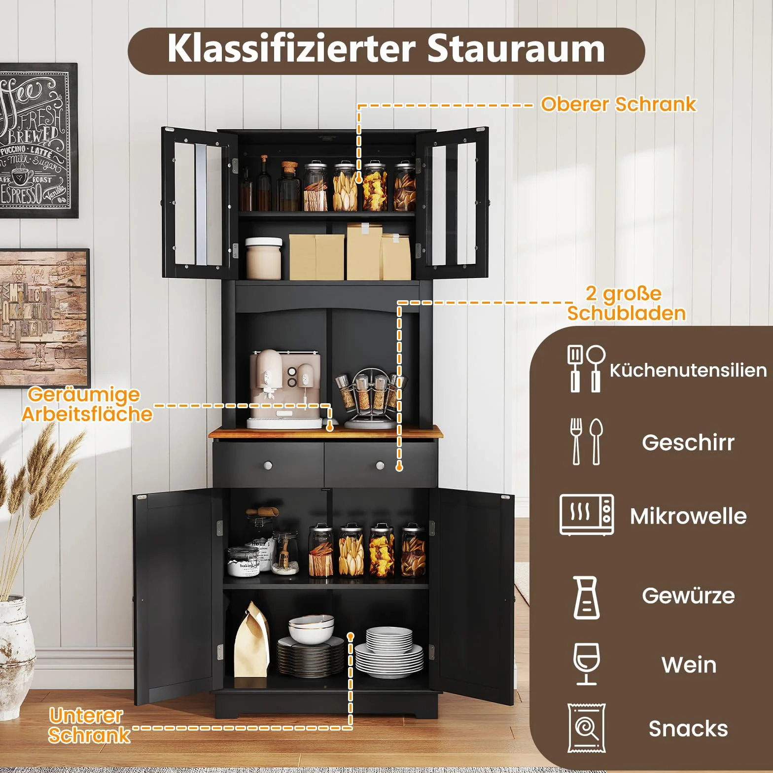 COSTWAY szafka kuchenna wysoka, 170 cm szafka bufetowa drewniana, szafka wysoka z 2 szufladami i regulowanymi półkami i drzwiami szklanymi i otworem na kable, szafka bufetowa wolnostojąca, bufet do