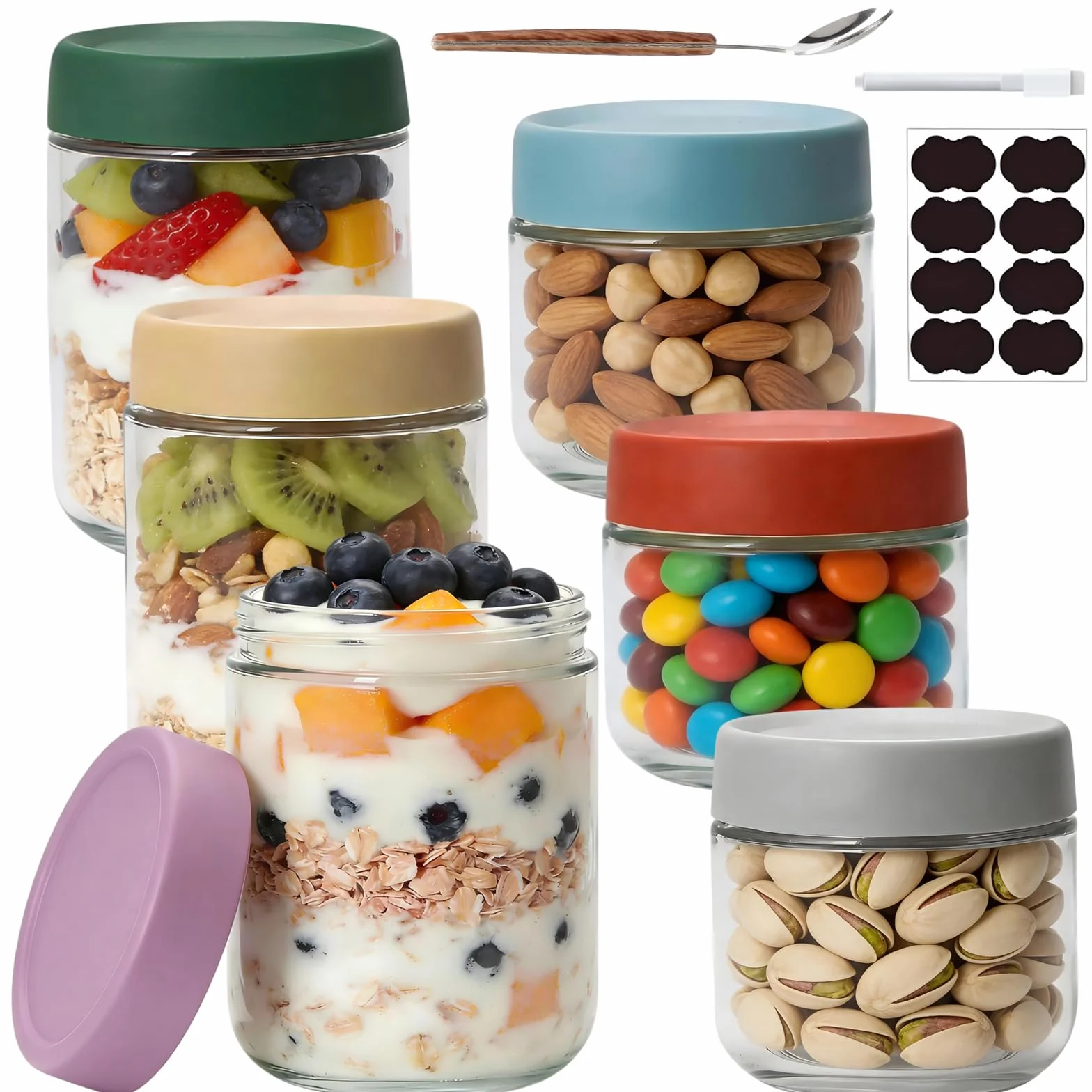 Słoiki na płatki owsiane na noc 6 sztuk 300-500 ml Słoiki z zakręcaną pokrywką do domowych dżemów, jogurtów, pudding, jako pojemniki do przygotowywania posiłków typu mason jar