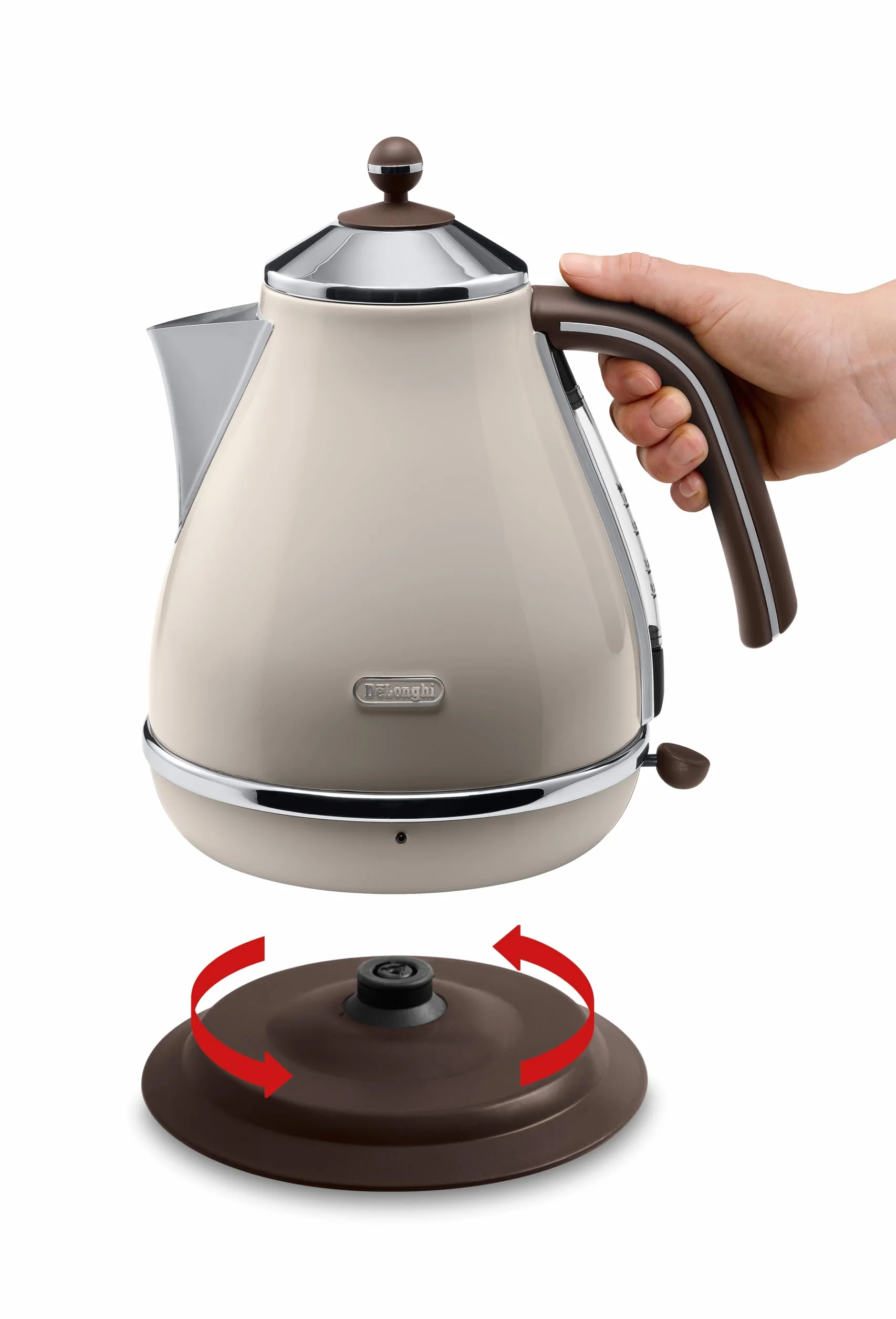 De'Longhi Czajnik elektryczny Icona Vintage KBOV2001.BG - 1,7 l ze wskaźnikiem poziomu wody i podstawą 360°, stal szlachetna w eleganckim stylu retro z chromowanymi detalami, beżowy