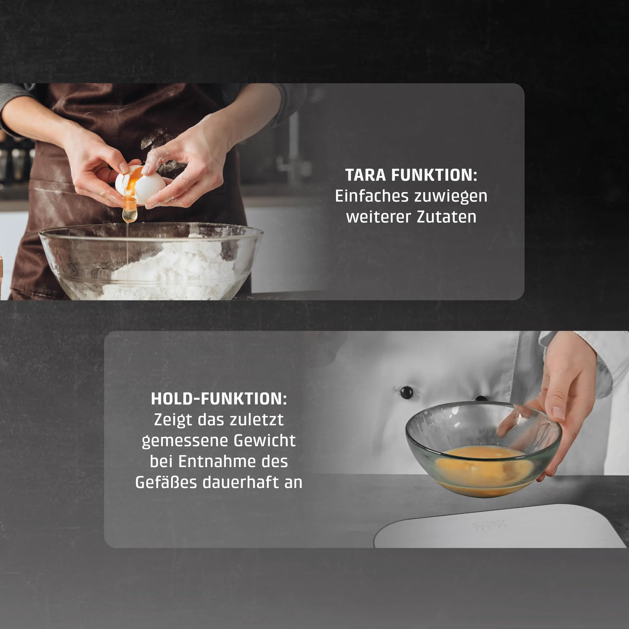 CASO KitchenDuo – waga kuchenna 2 w 1, w zestawie waga precyzyjna, normalna skala ważenia 15 kg w odstępach 1 g, waga precyzyjna do 1 kg w odstępach 0,1 g, funkcja trzymania, gram, oz, ml,
