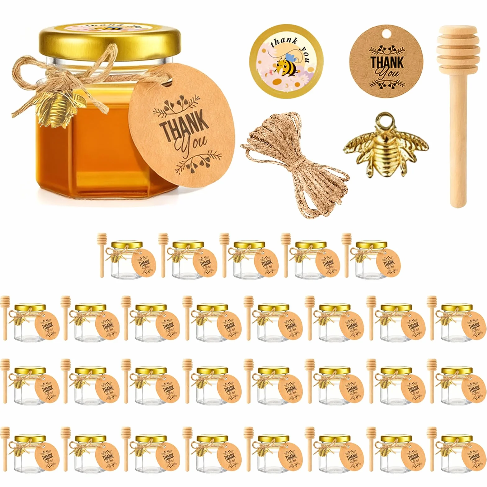 Zestaw 30 mini słoików do miodu 45 ml, mini słoiki na miód z drewnianą łyżeczką do miodu + etykietami pszczół + lina konopna słoiki na dżem + kartki z podziękowaniami na baby shower, wesela