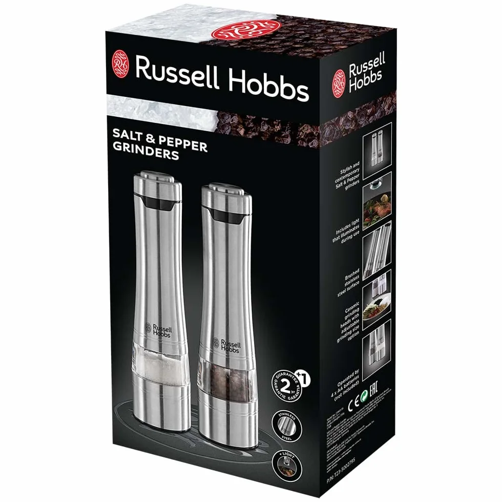 Russell Hobbs młynek do pieprzu i soli, młynek ceramiczny, regulacja stopnia mielenia od drobnego do grubego, oświetlenie LED, zasilanie bateryjne, 2 pokrywy dolne 23460-56