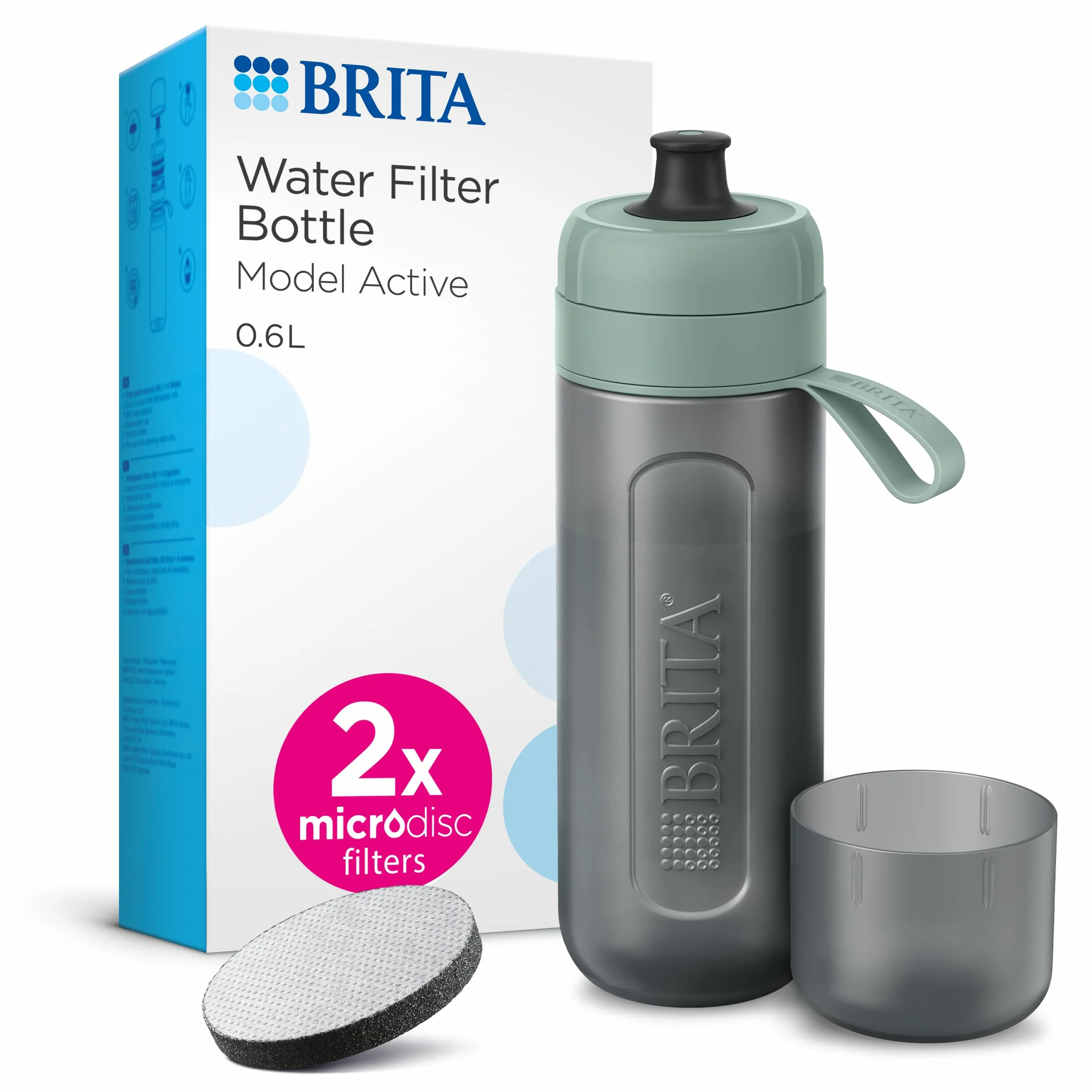 BRITA Sportowy filtr do wody butelka Model Active ciemnozielona (600 ml) w zestawie z 2 filtrami MicroDisc – ściskana butelka bez BPA w podróży, butelka filtruje podczas picia/nadaje się do mycia w