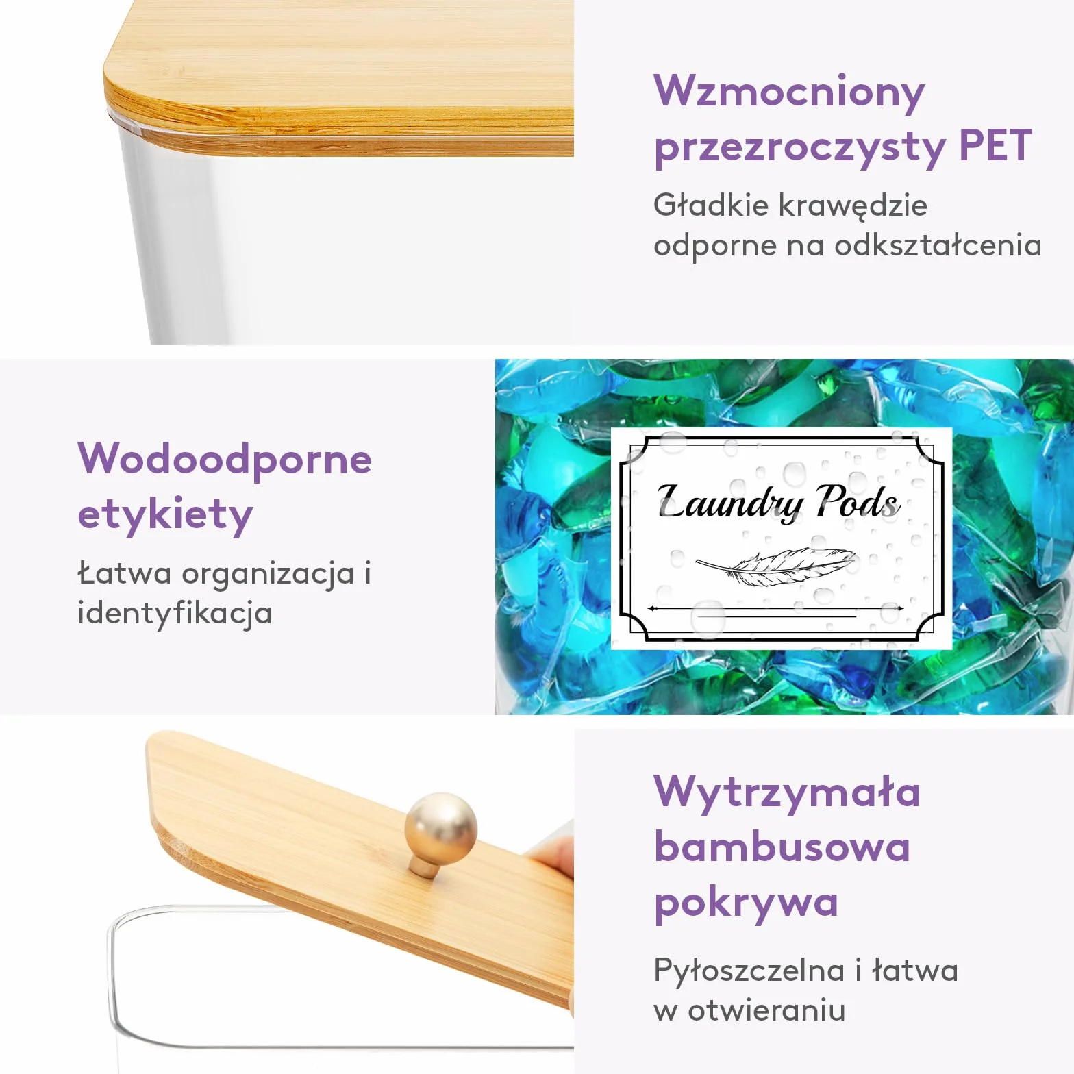 Lifewit Zestaw 3 Pojemników Kapsułki z Etykietami i Lyżeczkami, Pojemnik Proszek do Prania z Bambusową Pokrywką, Pudełko Proszek, Pojemnik do Przechowywania w Pralni