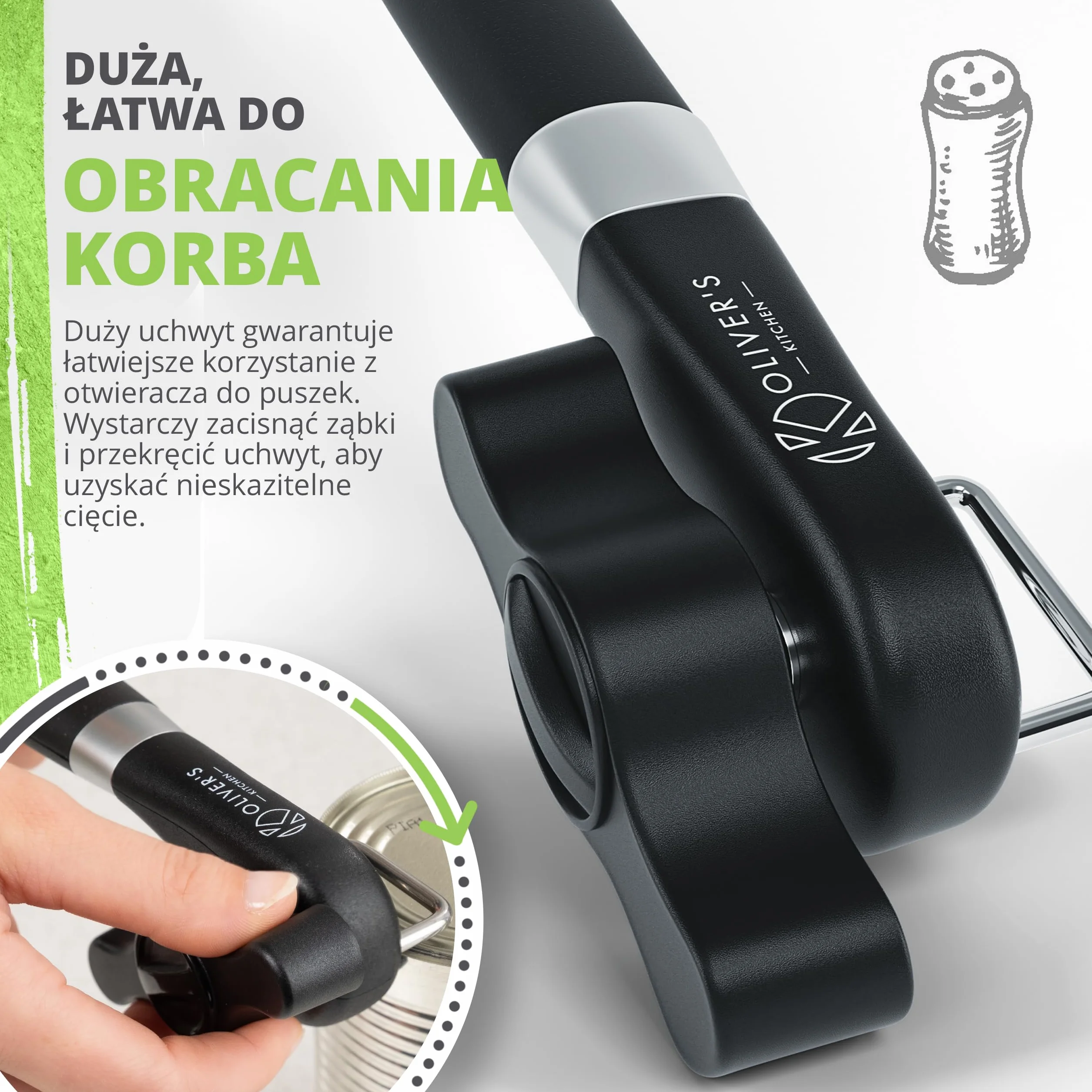 Oliver's Kitchen ® Bezpieczny Otwieracz do Puszek – Solidny Otwieracz do Konserw z Wygodnym Uchwytem – Ręczny Otwieracz Zapobiegający Skaleczeniom – Ostre i Bezpieczne Ostrza