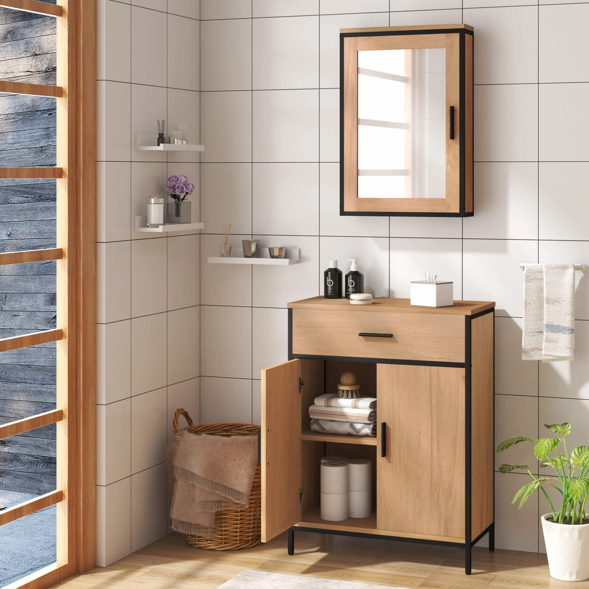 EUGAD Szafka łazienkowa wolnostojąca 60 x 80 x 30 cm z regulowanym regałem