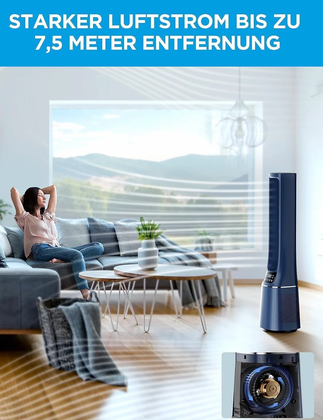 Midea MFP-120i (BL) wentylator kolumnowy 2 w 1, cichy, 38 dB, oczyszczacz powietrza, H13, True HEPA na wyświetlaczu LED 47,6 ㎡, pilot zdalnego sterowania, oscylacja, timer 12 h, kompatybilny z