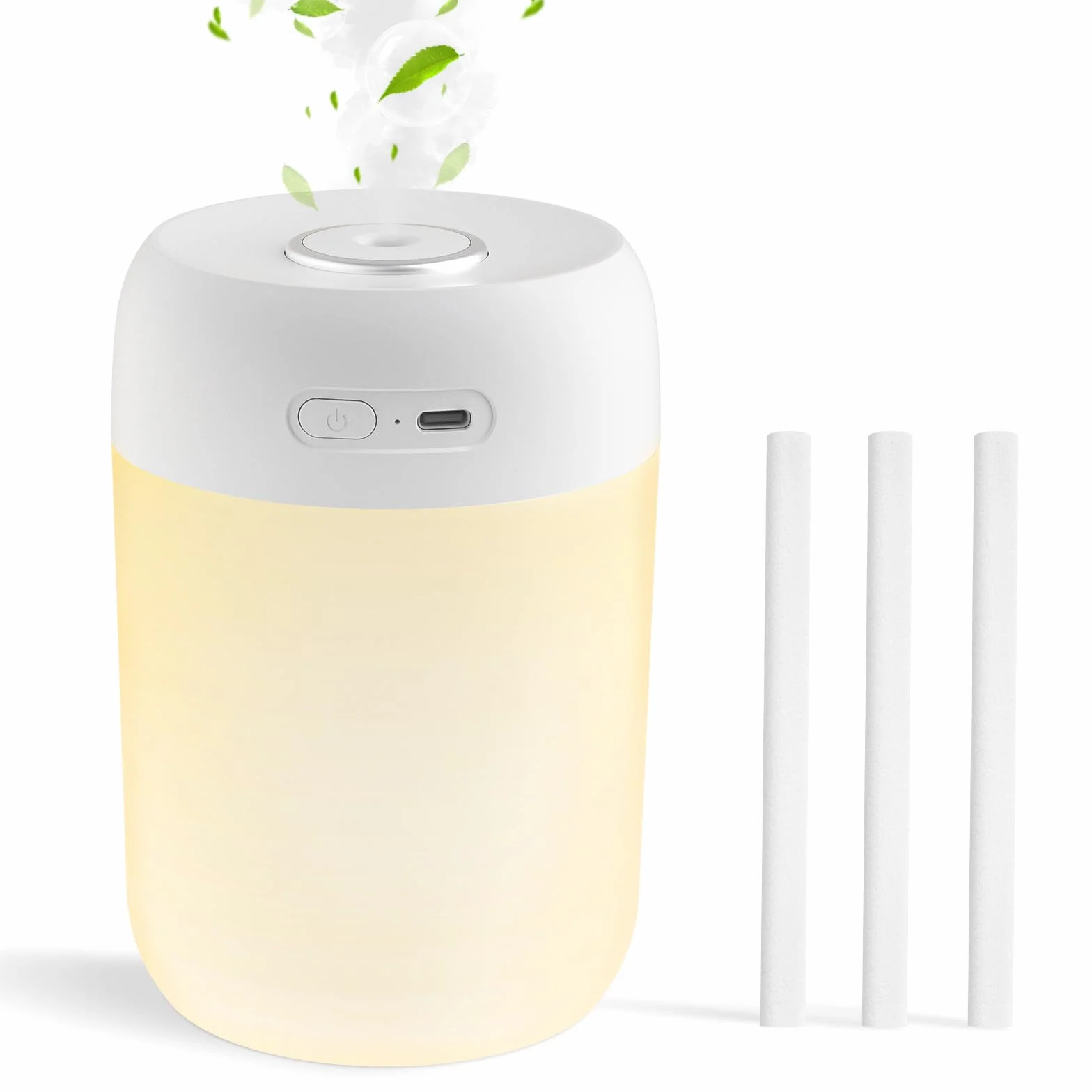 Kissleaf Mini nawilżacz, 650 ml, biały, plastik, sypialnia, instrukcja obsługi, 15H, cichy, ciepłe światło