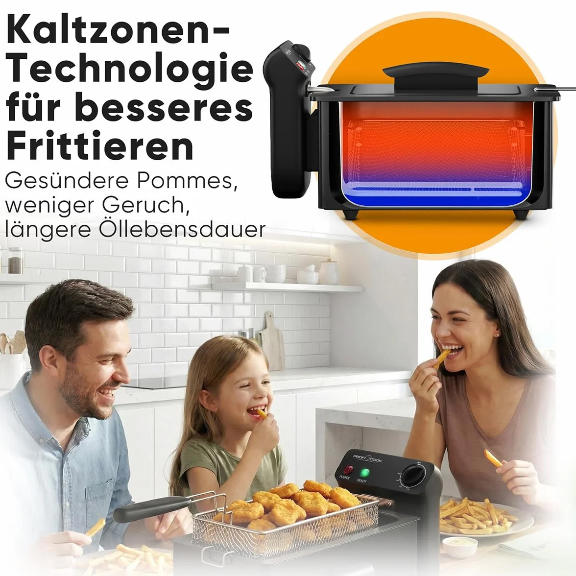 ProfiCook Frytkownica z tłuszczem, 130-190°C, frytkownica olejowa, 2000 W, 3 l, nadaje się do mycia w zmywarce, pokrywa chroniąca przed pryskaniem, frytkownica z zimną strefą, całkowicie zdejmowana