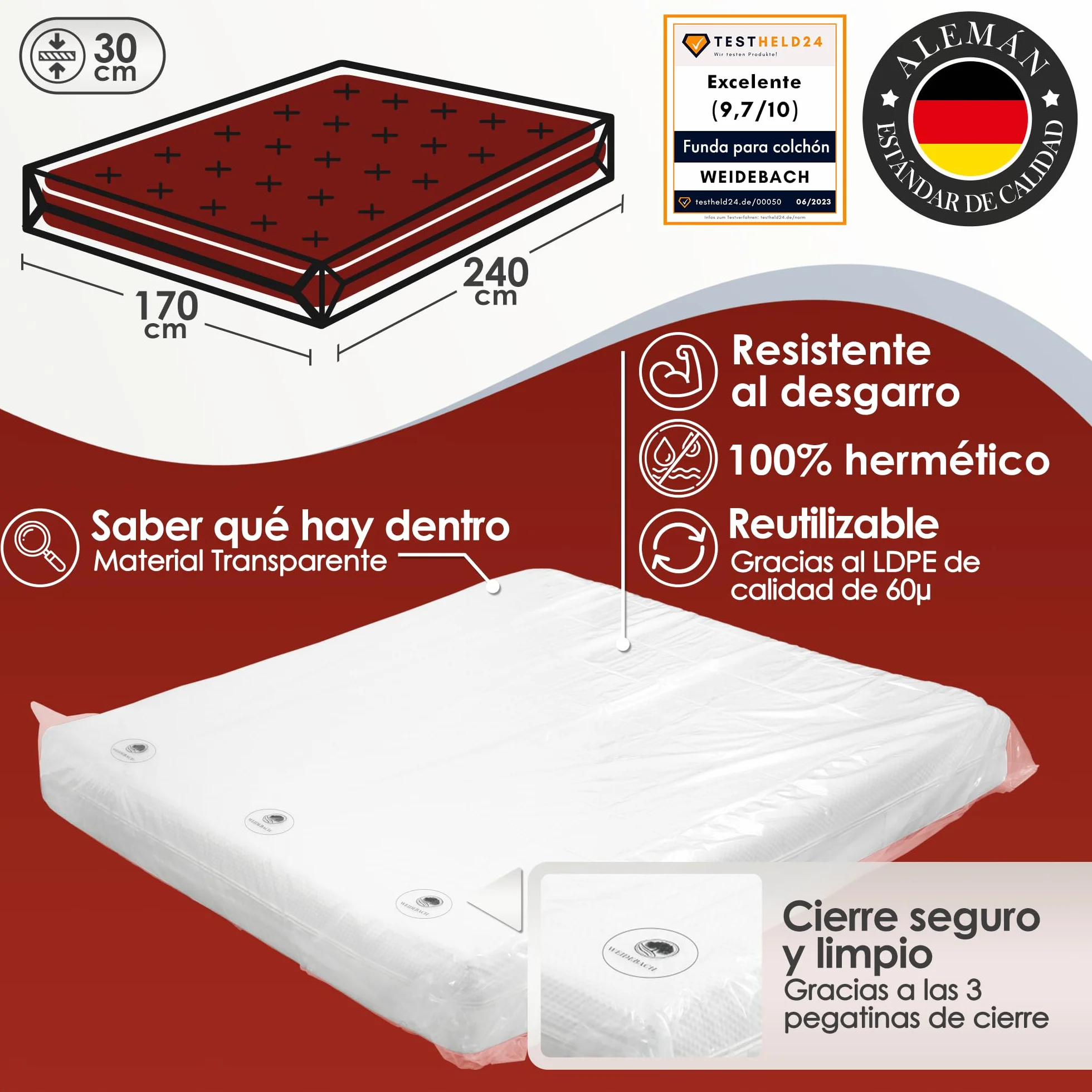 WEIDEBACH® Wytrzymały pokrowiec na materac, torba na materac o wymiarach 160 x 200 cm, torba do przechowywania i transportu, pokrowiec ochronny na materac chroniący przed zapachami i wilgocią