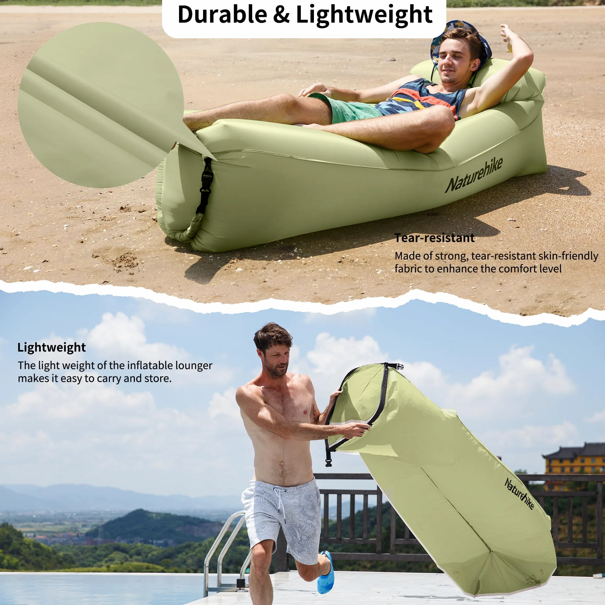 Naturehike Wodoodporna sofa powietrzna Air Lounger z przenośnym pakietem, nadmuchiwana na podróż, kemping, basen, plażę (zielony awokado)