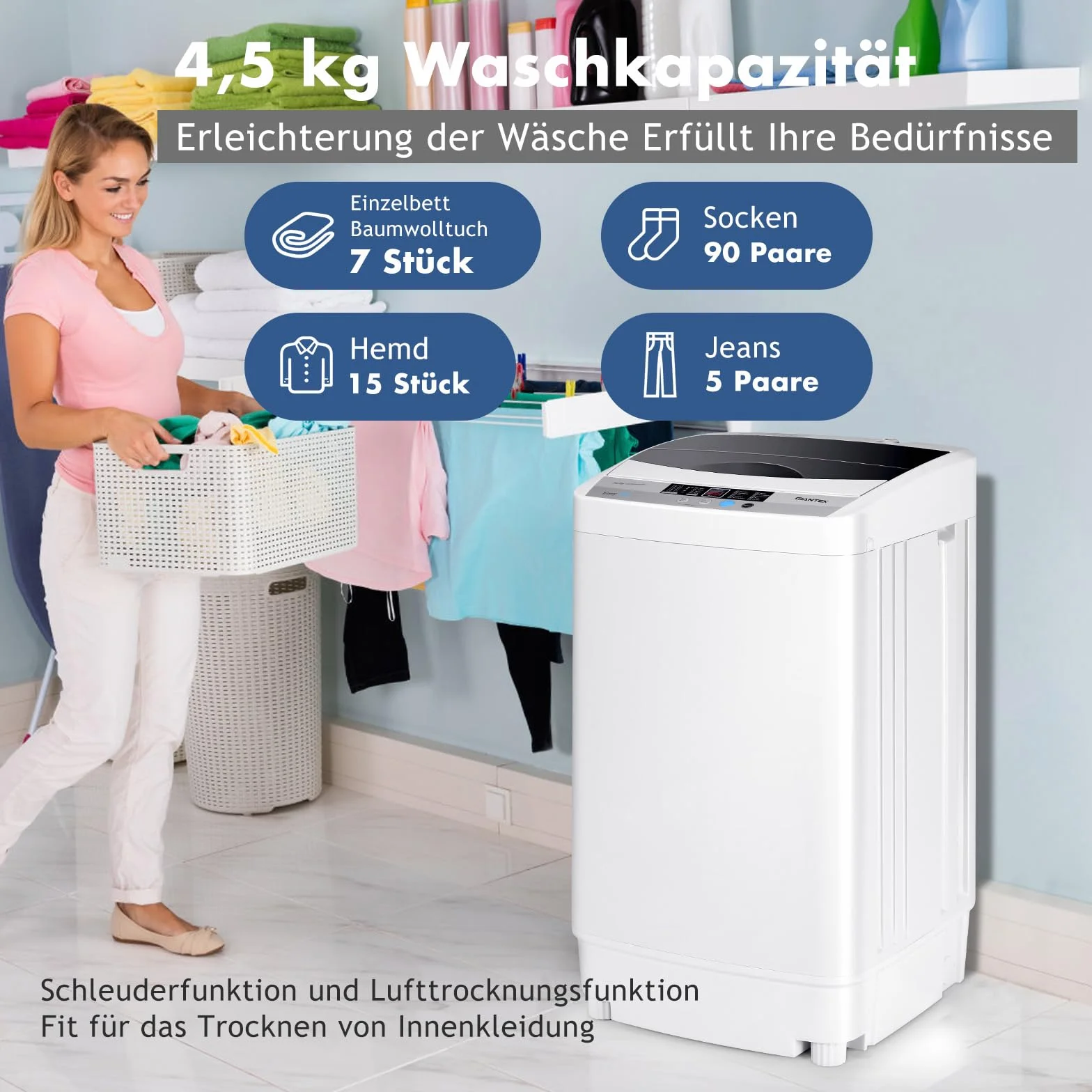 COSTWAY Pralka 4,5 kg, ładowana od góry pralka z pompką, wirką, wyświetlaczem, mini pralka 310 W/ 50 x 50 x 85 cm, mała do mieszkania, kampera